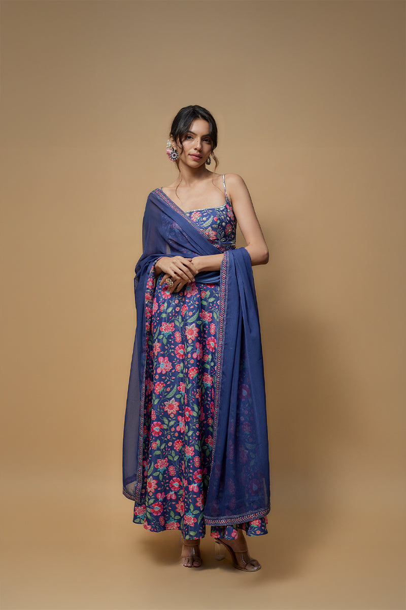 Blue French Crepe Printed & Embroidered Anarkali Set