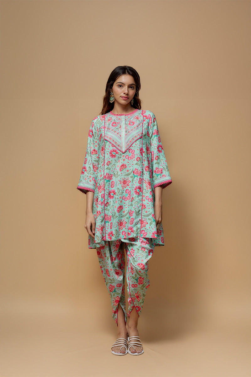 Sky Blue French Crepe Printed Dhoti Set