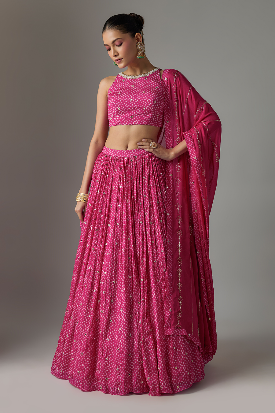 Pink Chinon Bandhani Printed Lehenga Set