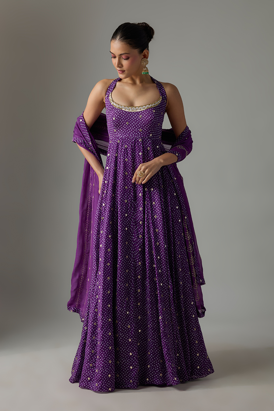 Purple Chinon Embroidered Anarkali Set