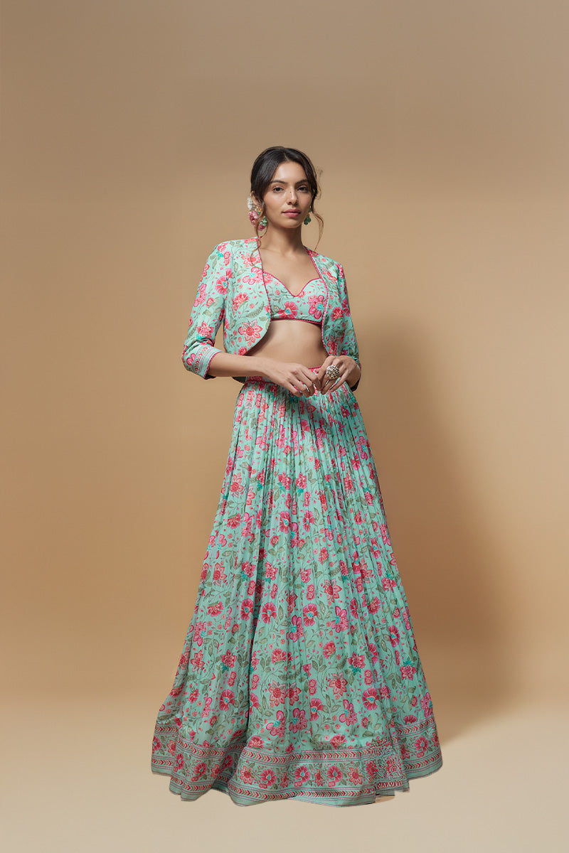 Sky Blue French Crepe Printed Jacket Lehenga Set
