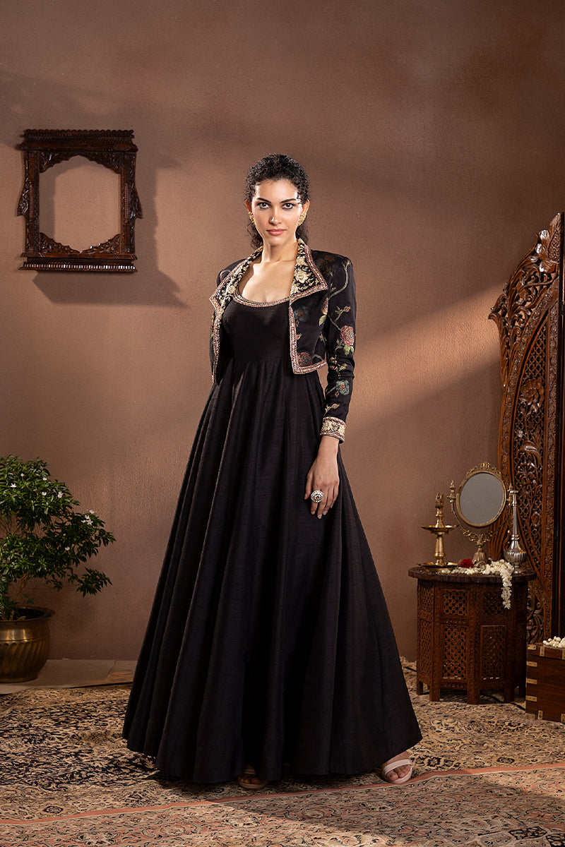 knee length dresses for ladies Black Munga Silk Embroidered Anarkali Jacket Set
