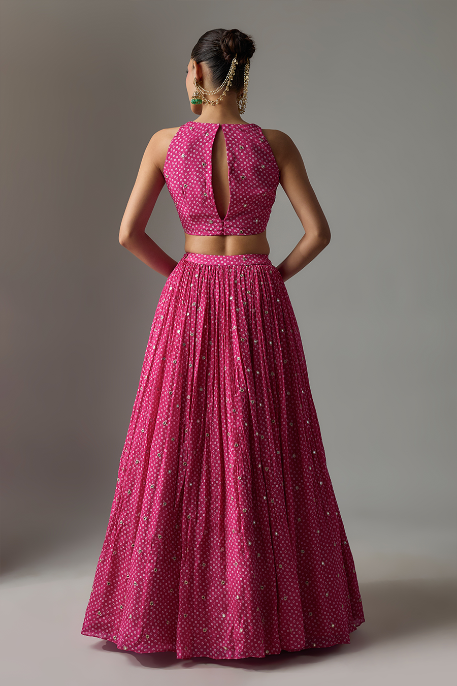 Pink Chinon Bandhani Printed Lehenga Set