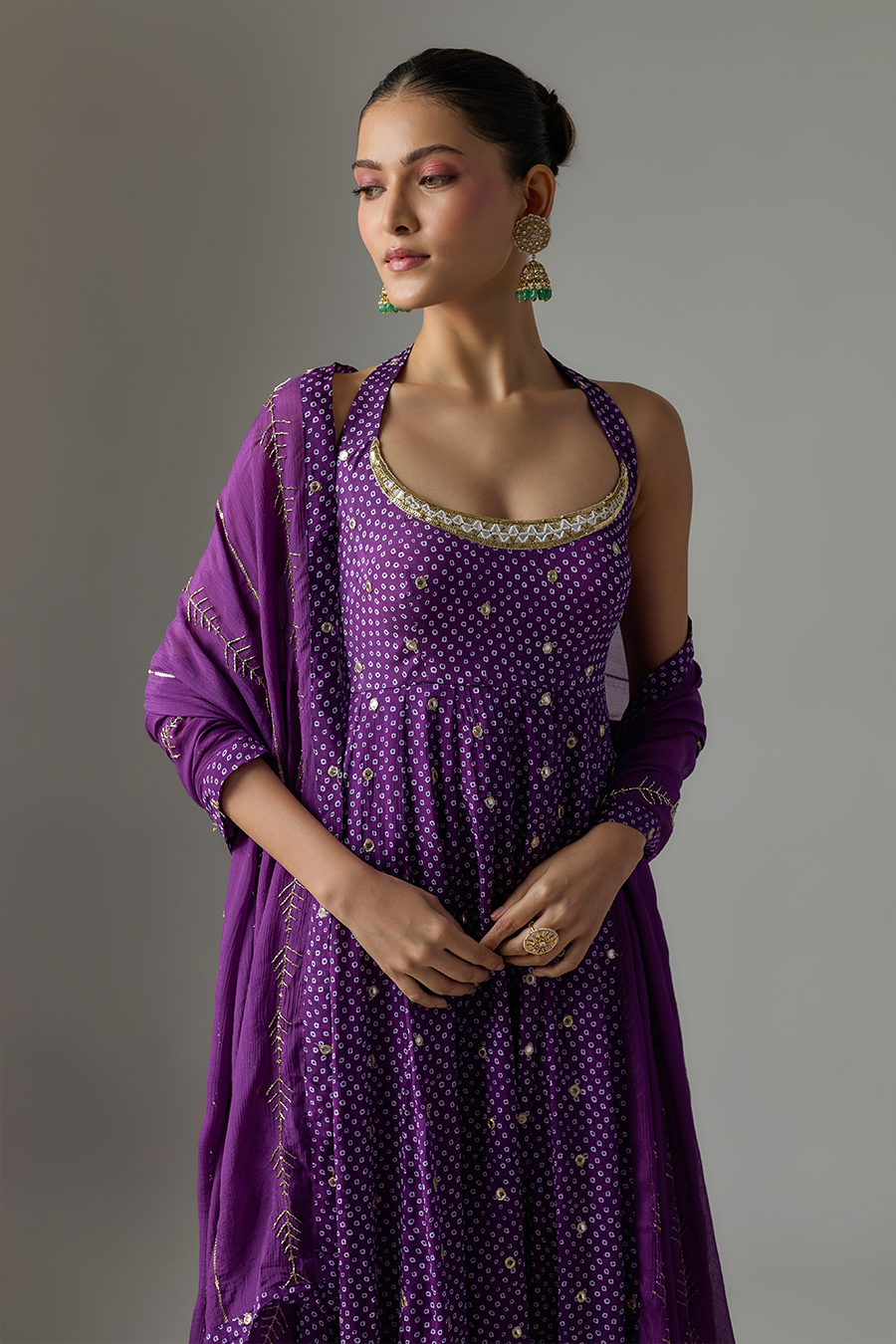 Purple Chinon Embroidered Anarkali Set