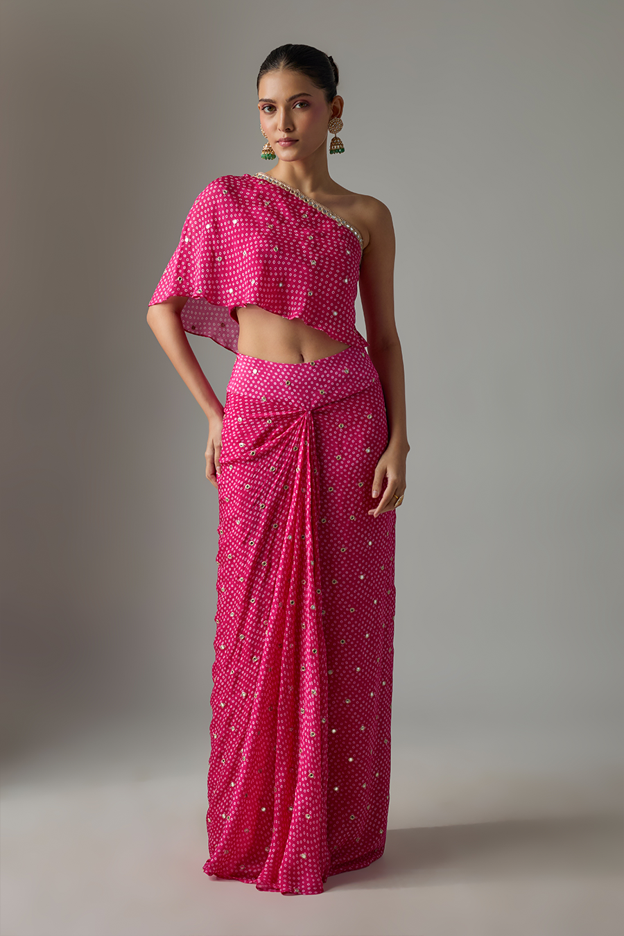 Fuchsia Pink Chinon Dhoti Skirt Set