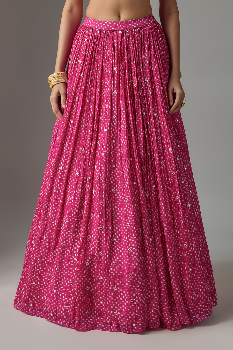 Pink Chinon Bandhani Printed Lehenga Set