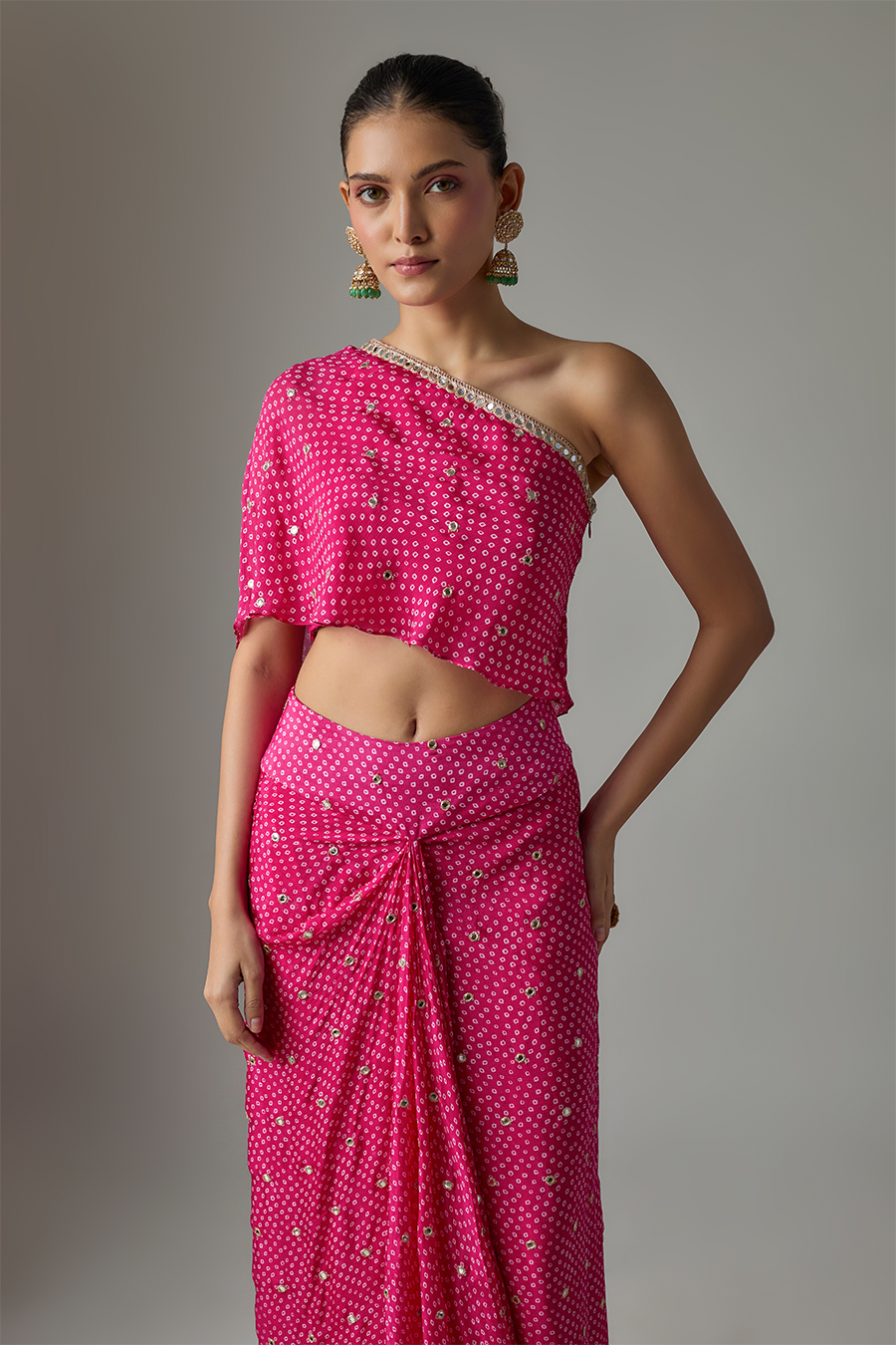 Fuchsia Pink Chinon Dhoti Skirt Set