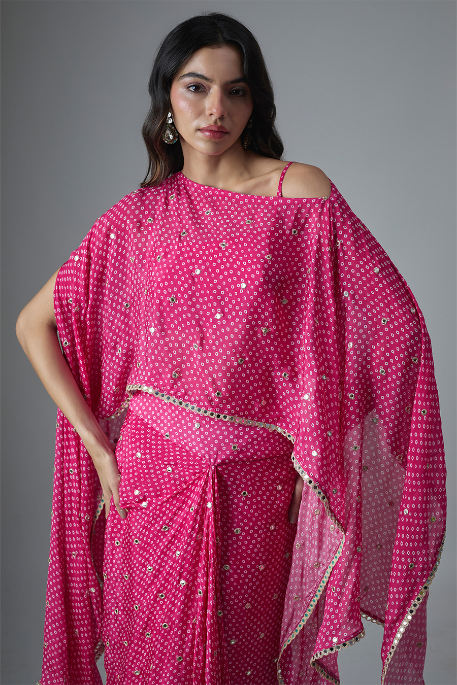 Pink Bandhani Printed Embroidered Cape & Skirt Set