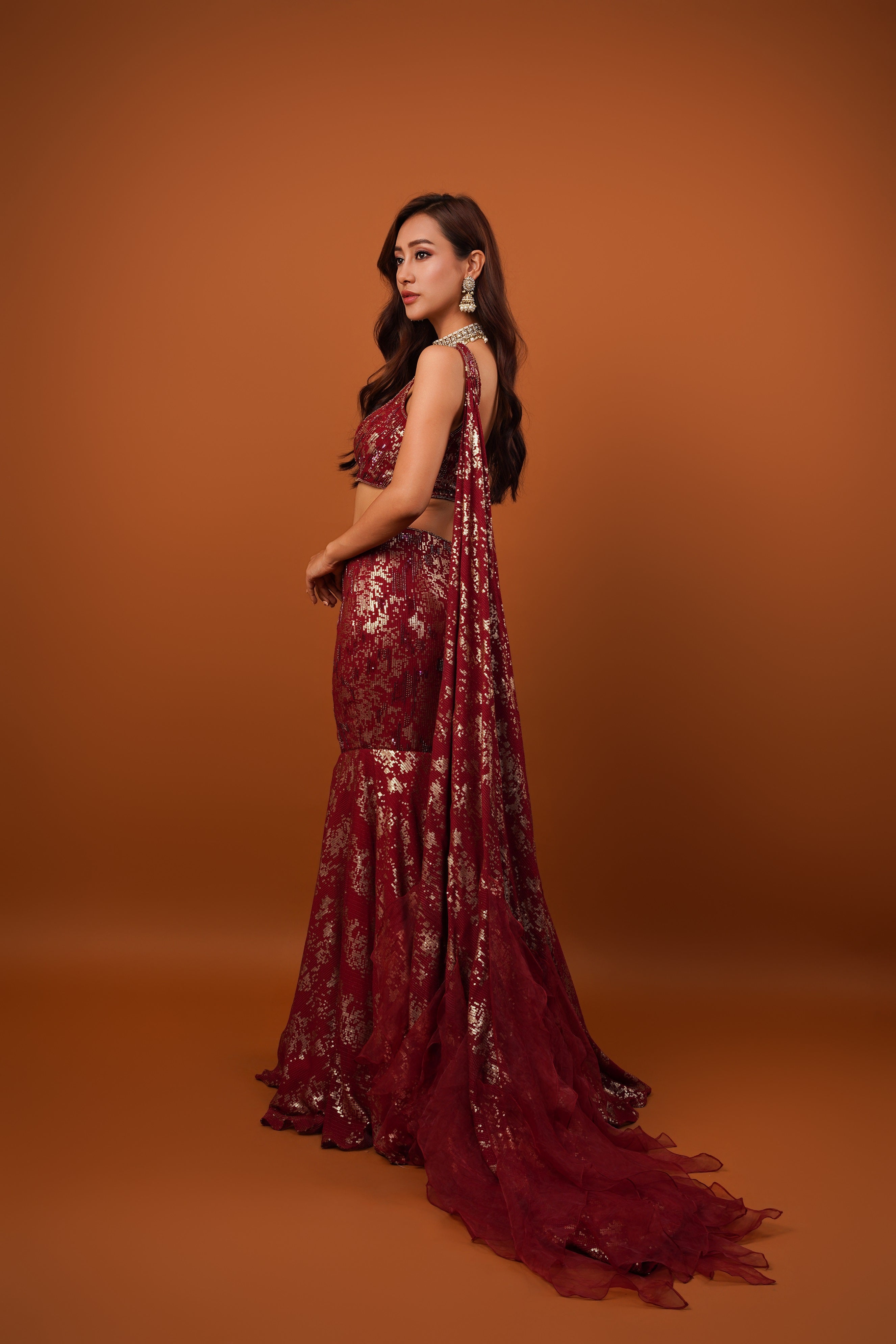 Maroon Georgette Sequins Embroidered lehenga