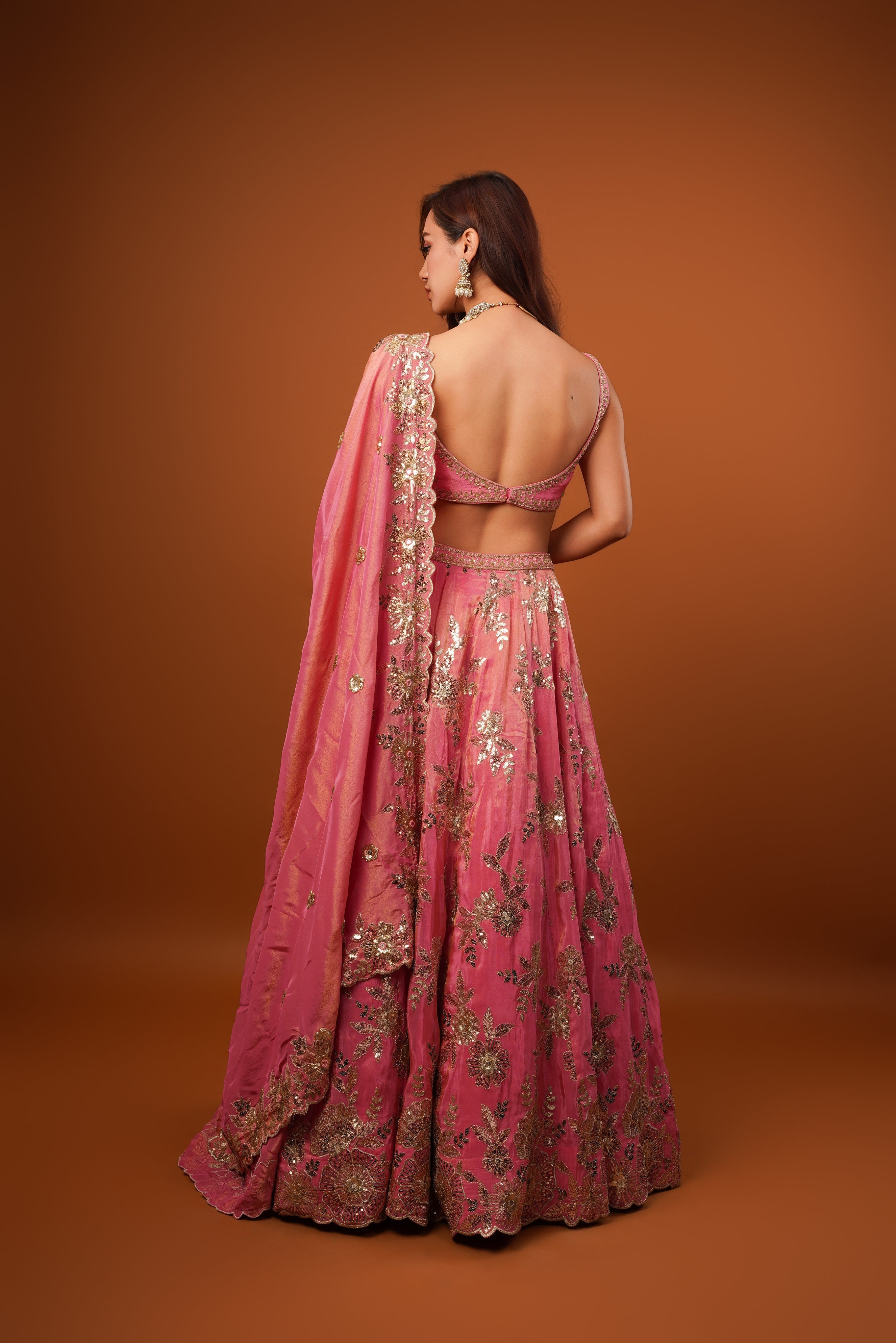 pink gold tissue Embroidered lehenga