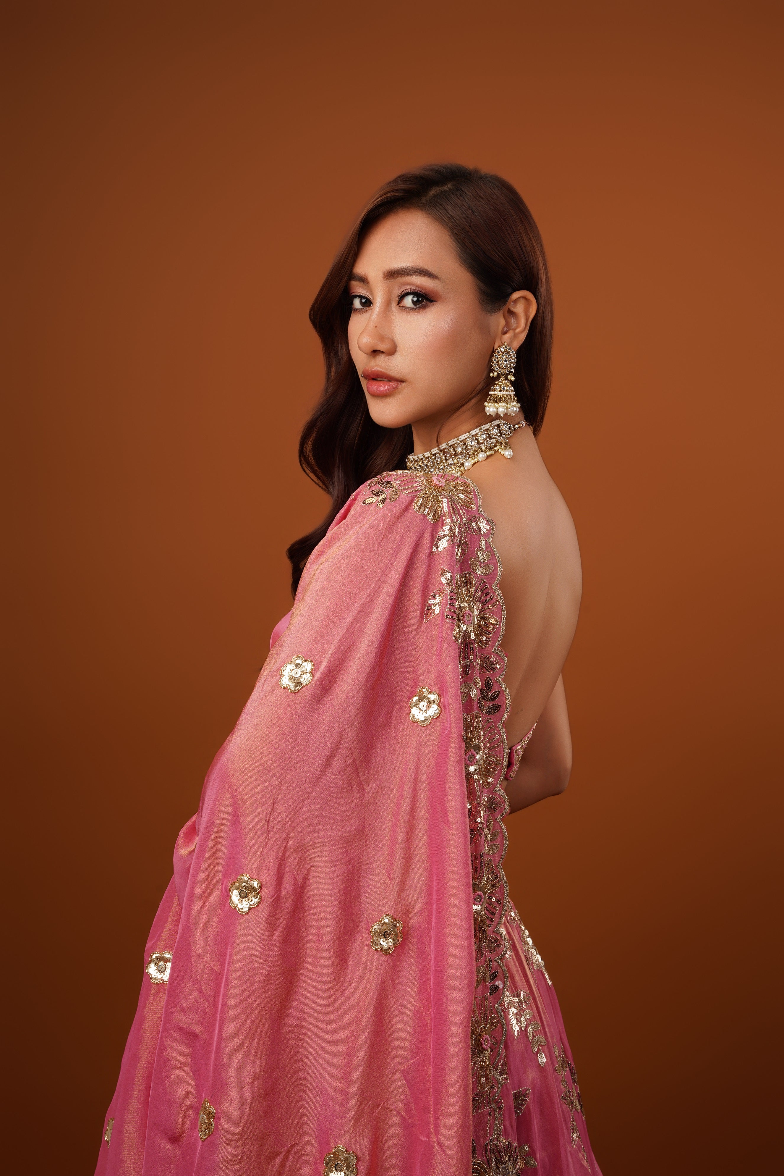 pink gold tissue Embroidered lehenga