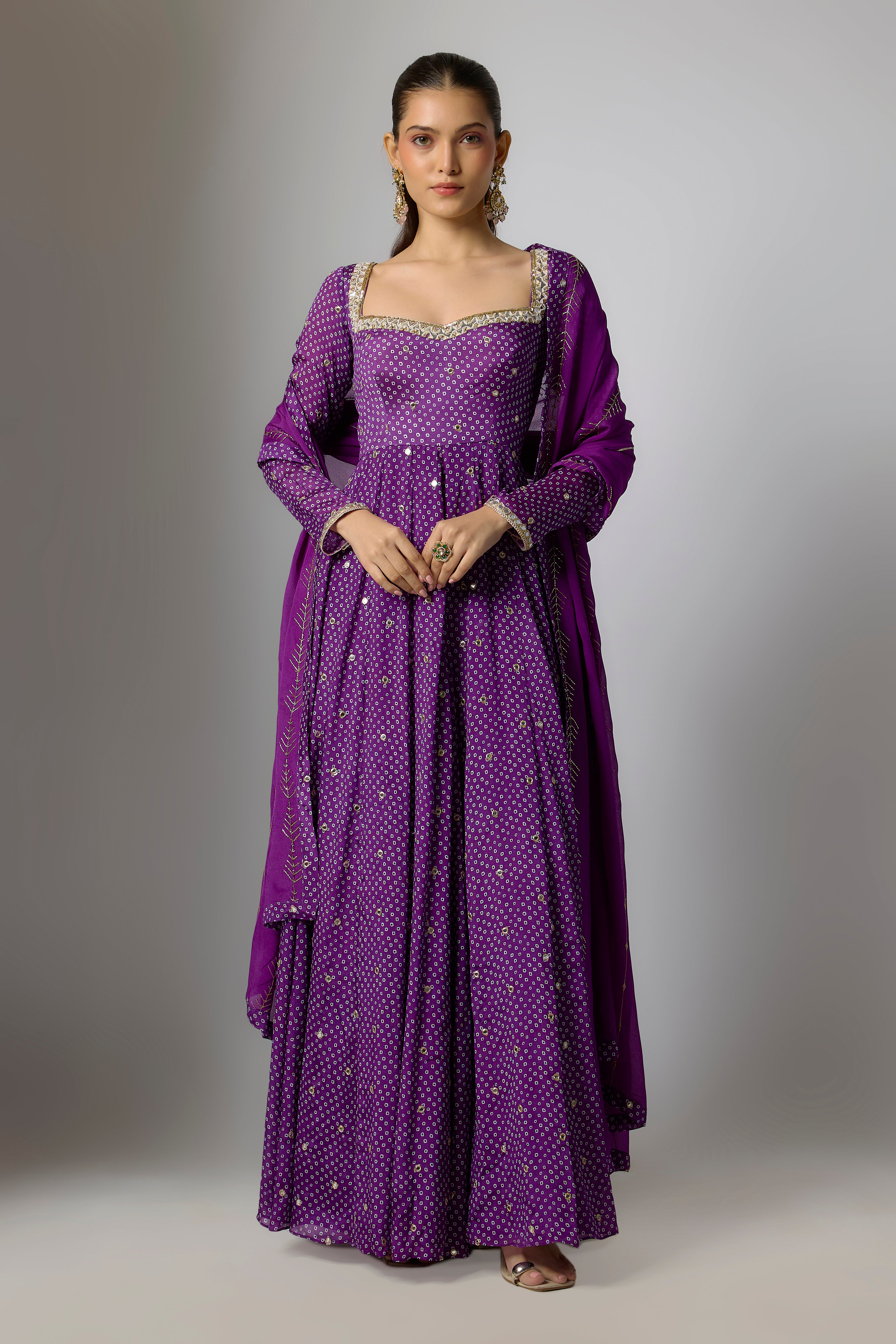 Purple Chinon Embroidered Anarkali Set