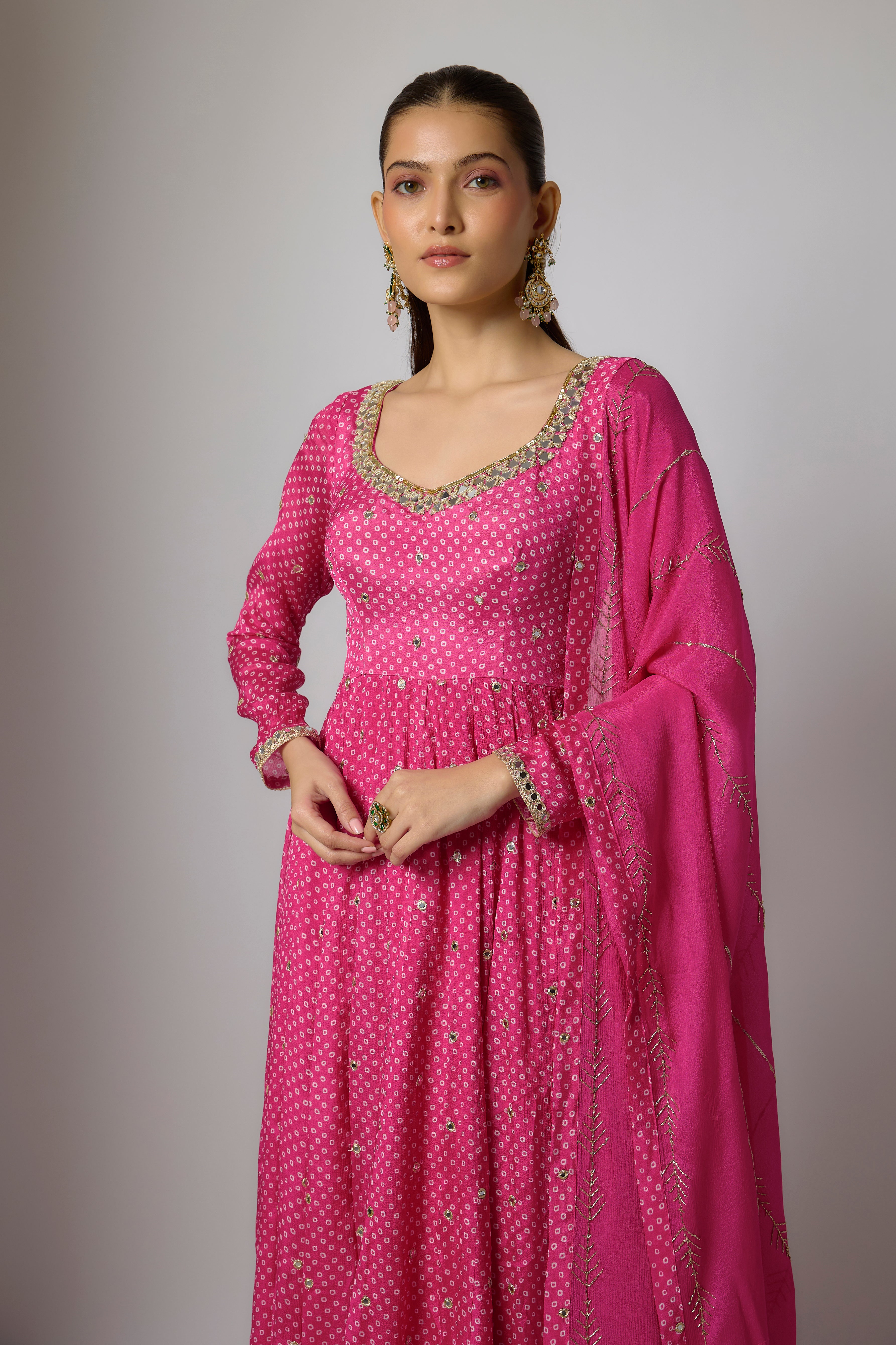 Fuchsia Pink Chinon Embroidered Anarkali Set