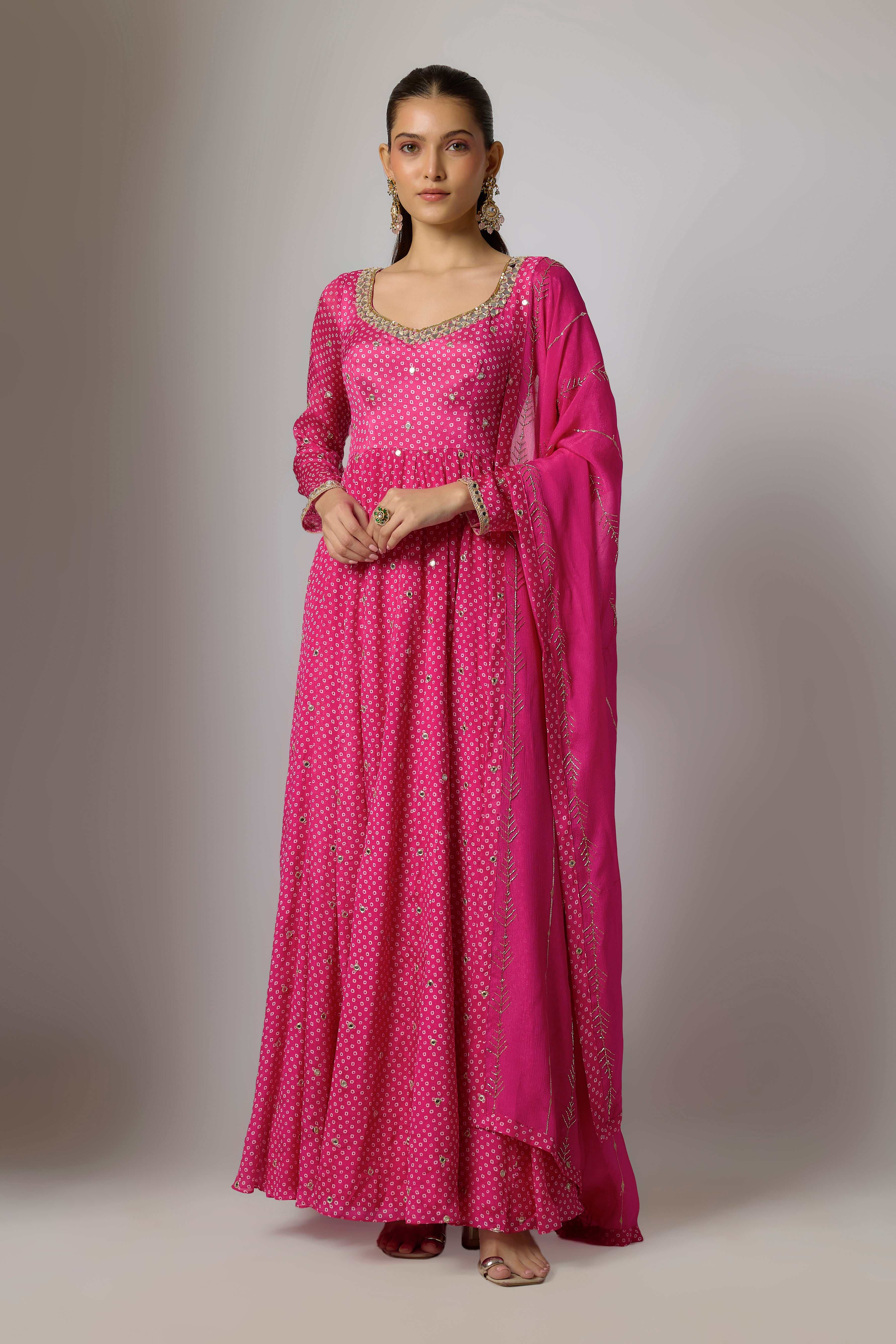 Fuchsia Pink Chinon Embroidered Anarkali Set