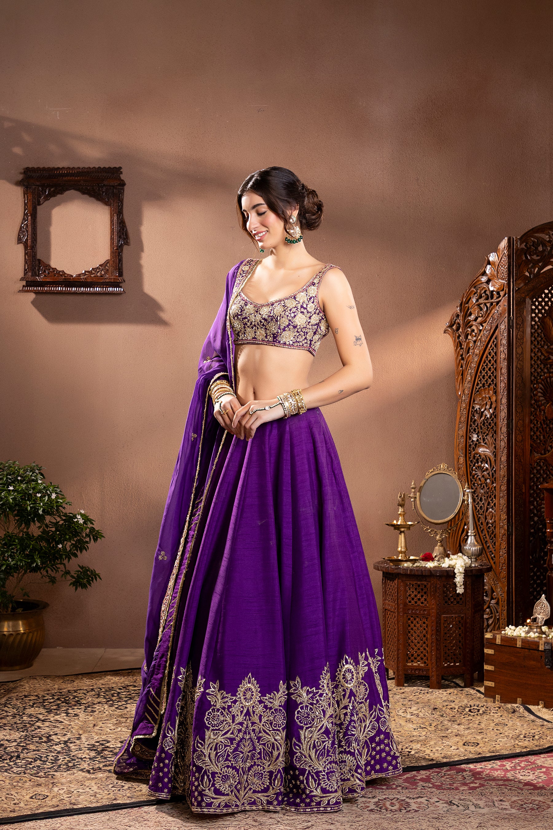 Purple Munga Silk Embroidered Lehenga Set