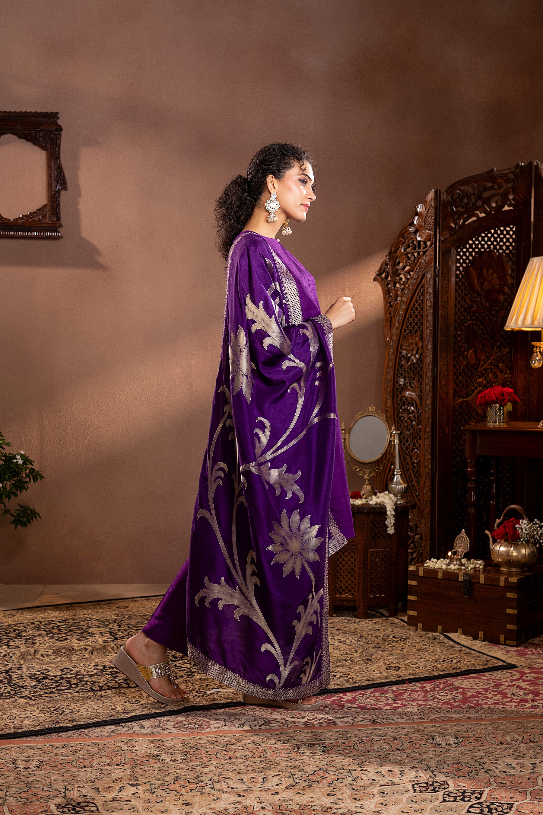Purple Munga Silk Kurta Set