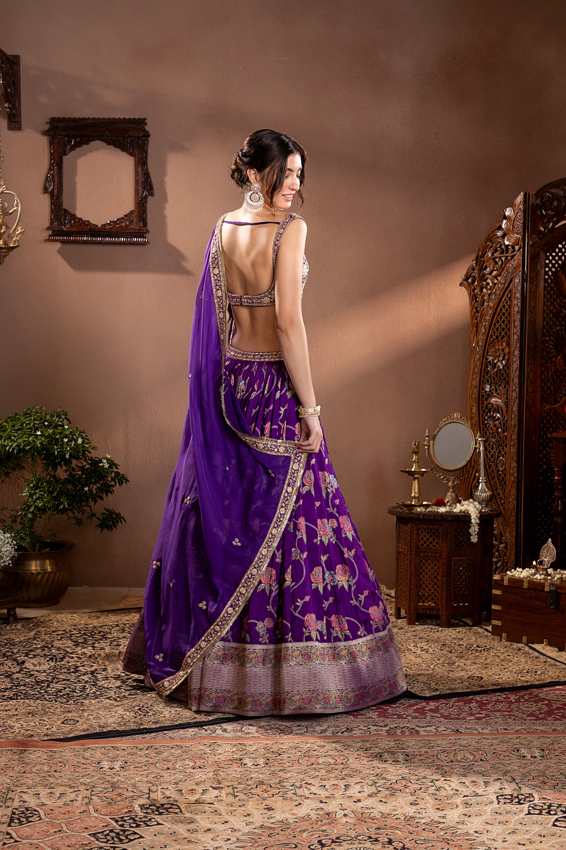 Purple Mina Zari Banarasi Silk Embroidered Lehenga