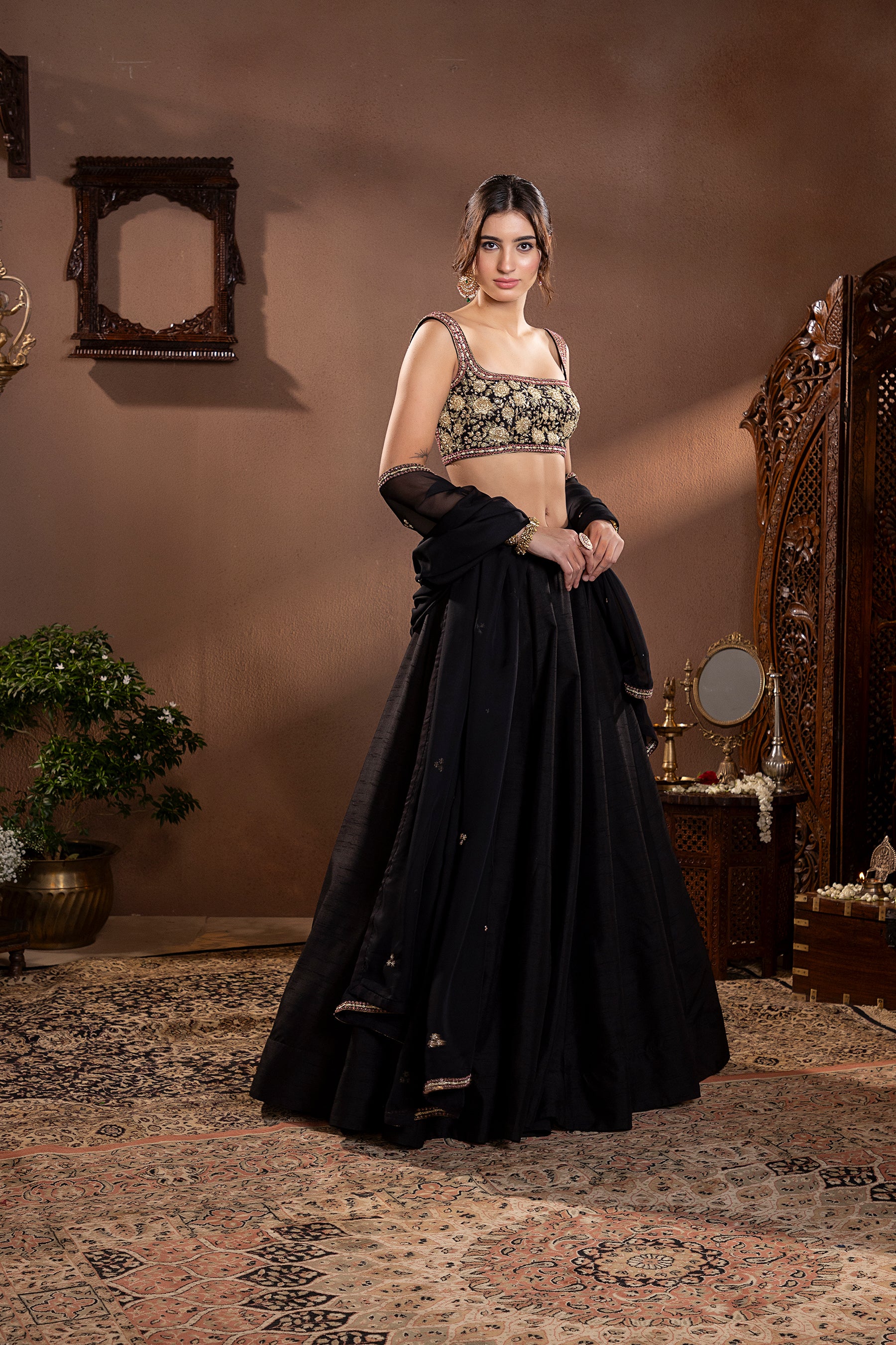 Black Munga Silk Lehenga Set
