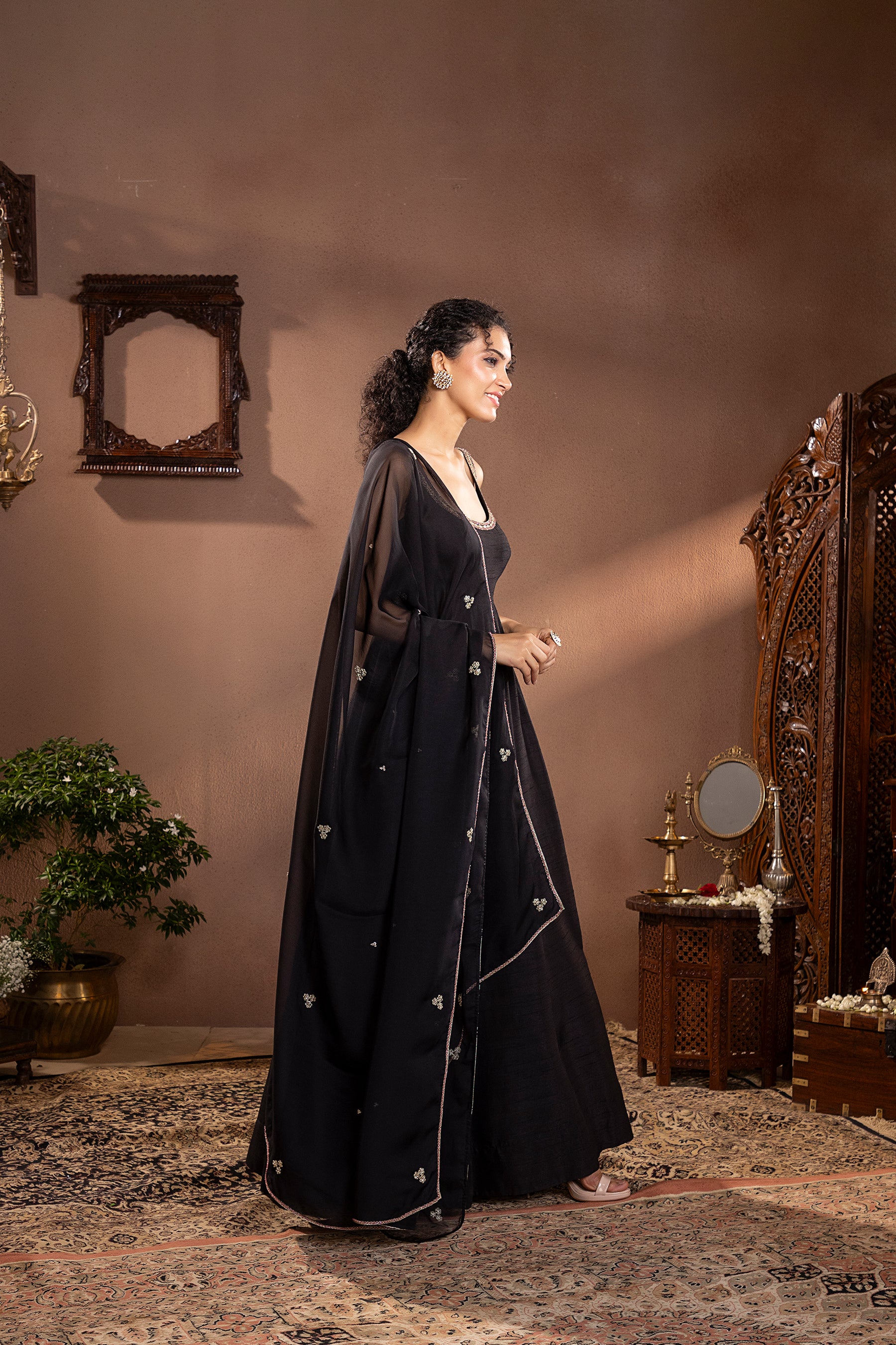 Black Munga Silk Anarkali Set