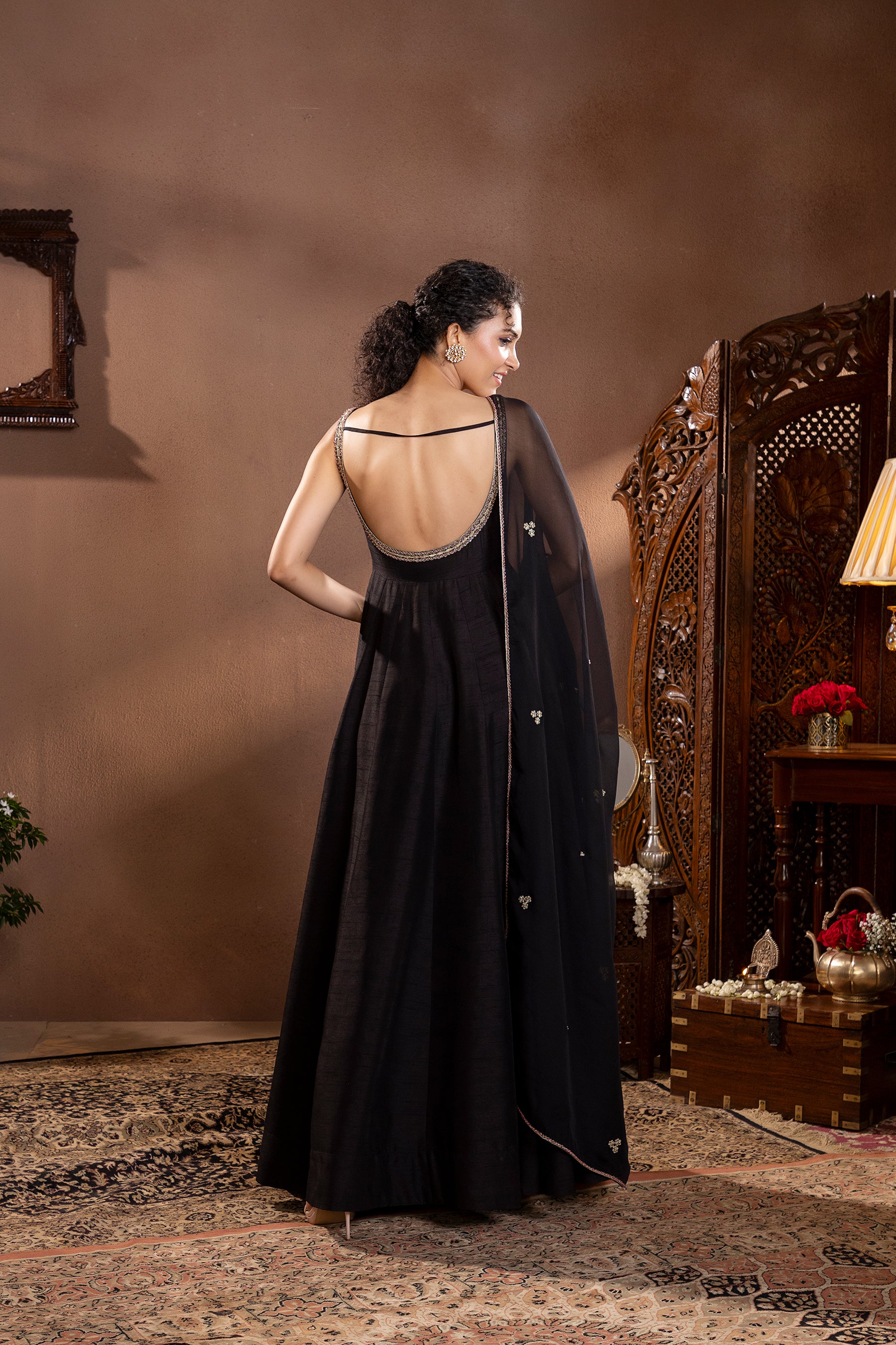 Black Munga Silk Anarkali Set