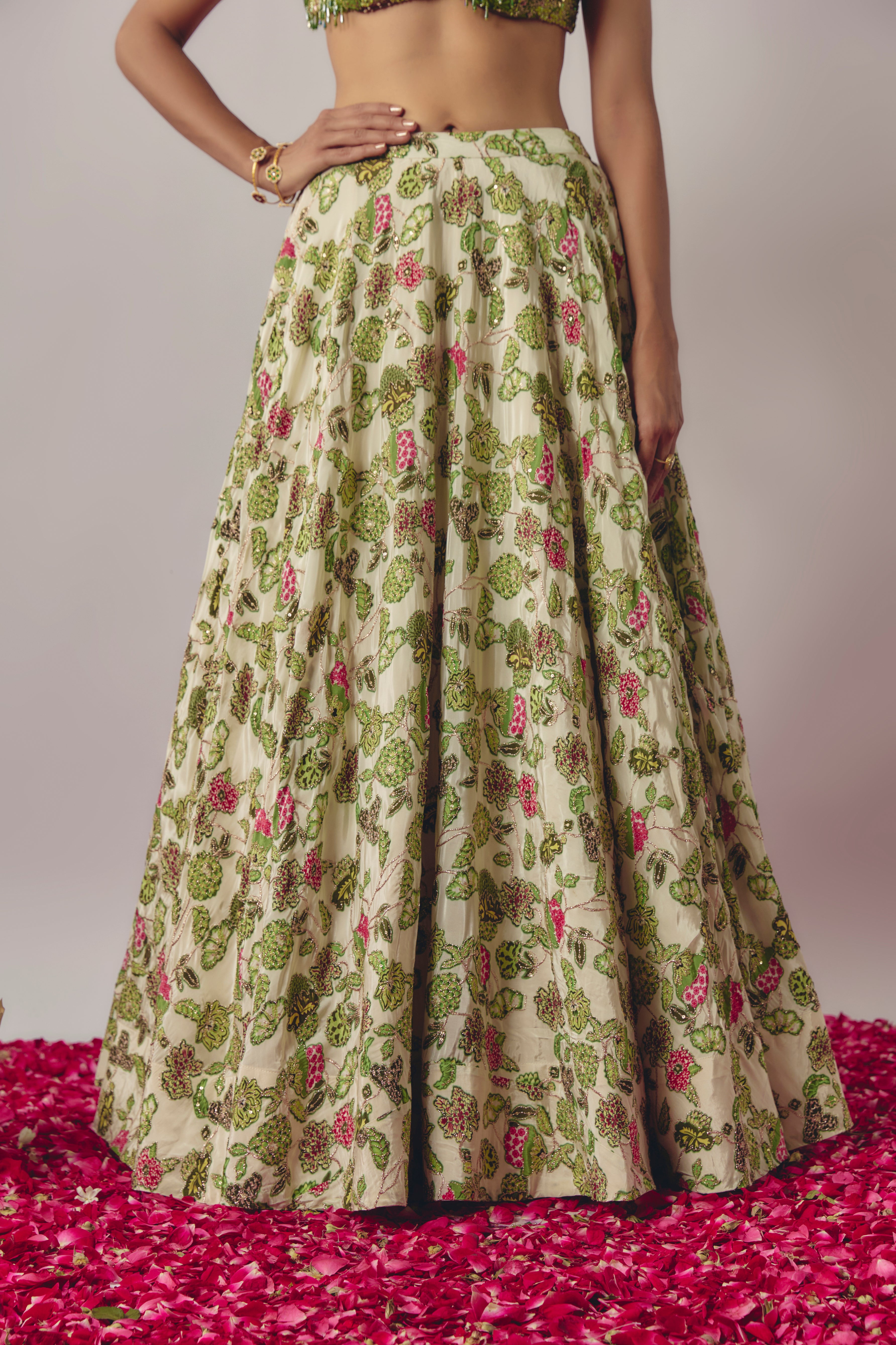GREEN - IVORY EMBROIDERED LEHENGA SET