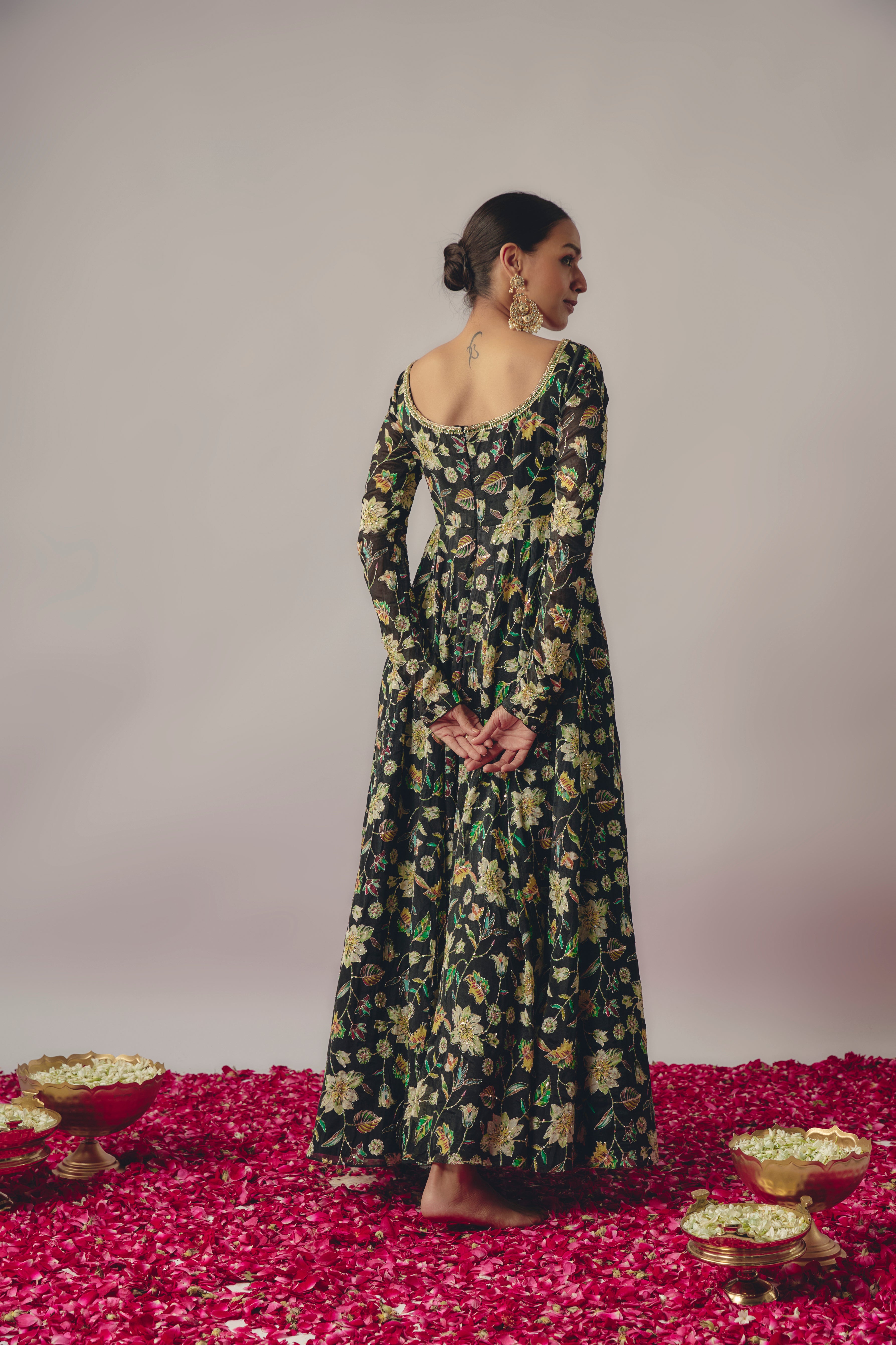 Black Floral Embroidered Anarkali Set
