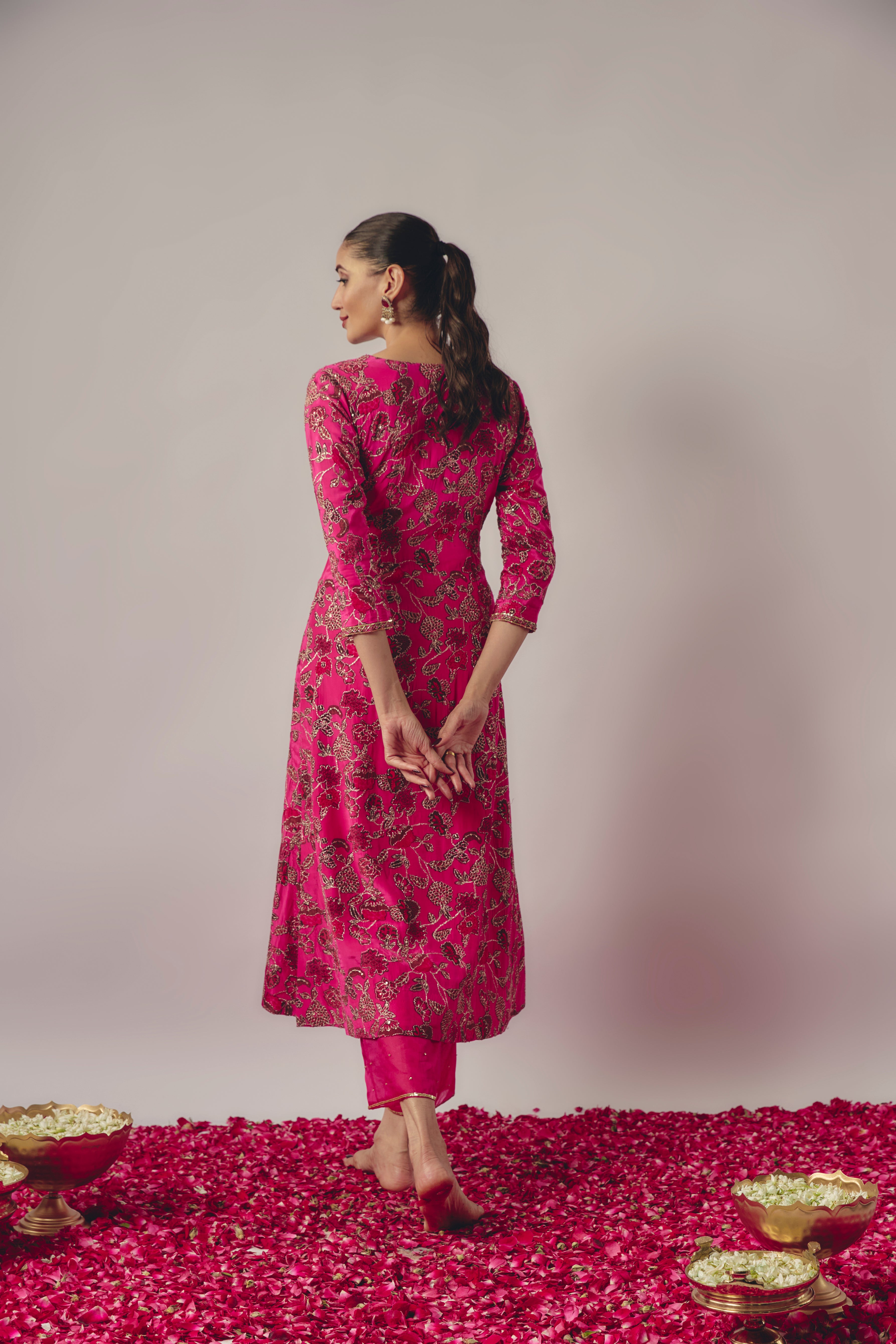 Fuchsia Pink Floral Embroidered Kurta Set