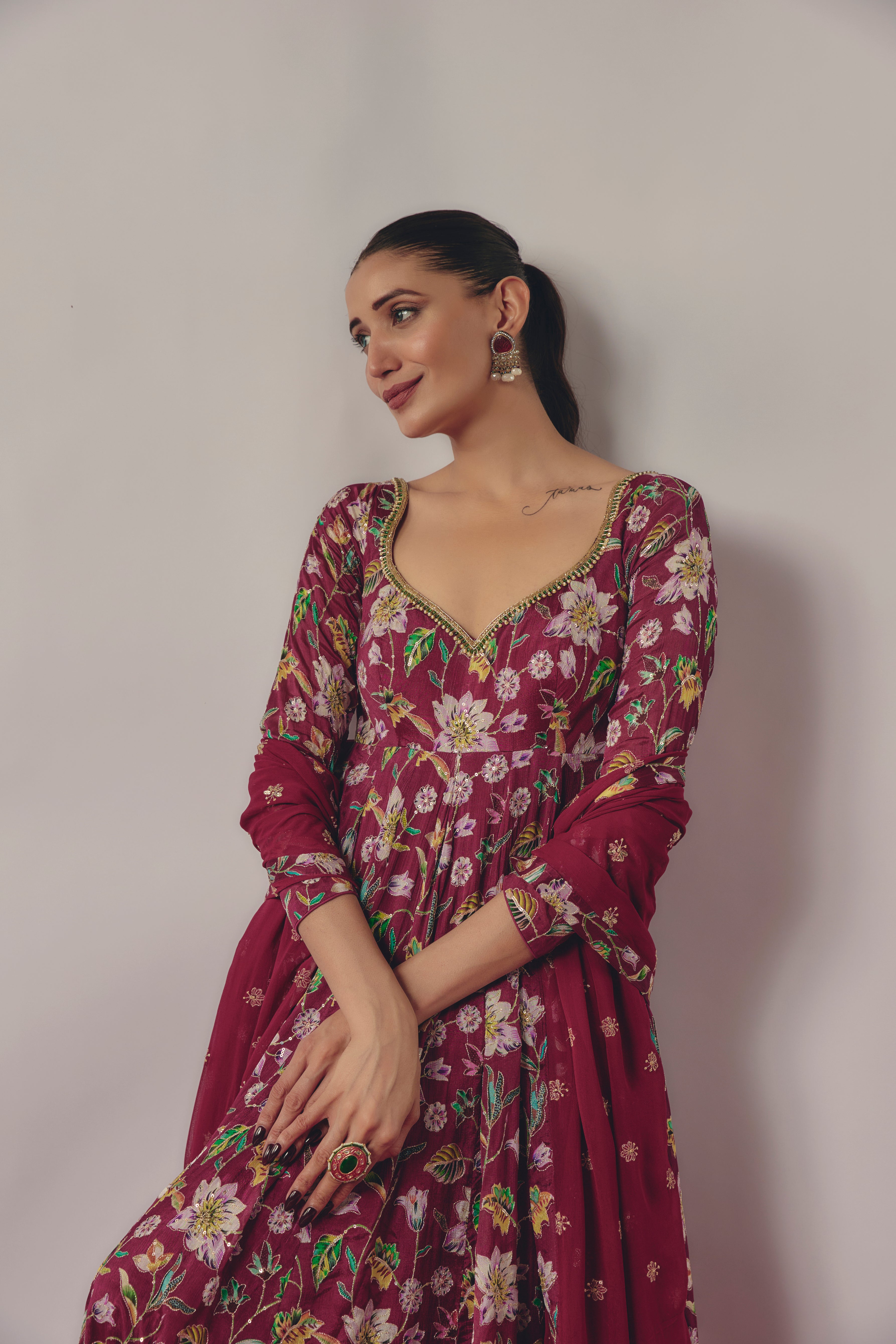 MAGENTA FLORAL EMBROIDERED ANARKALI SET