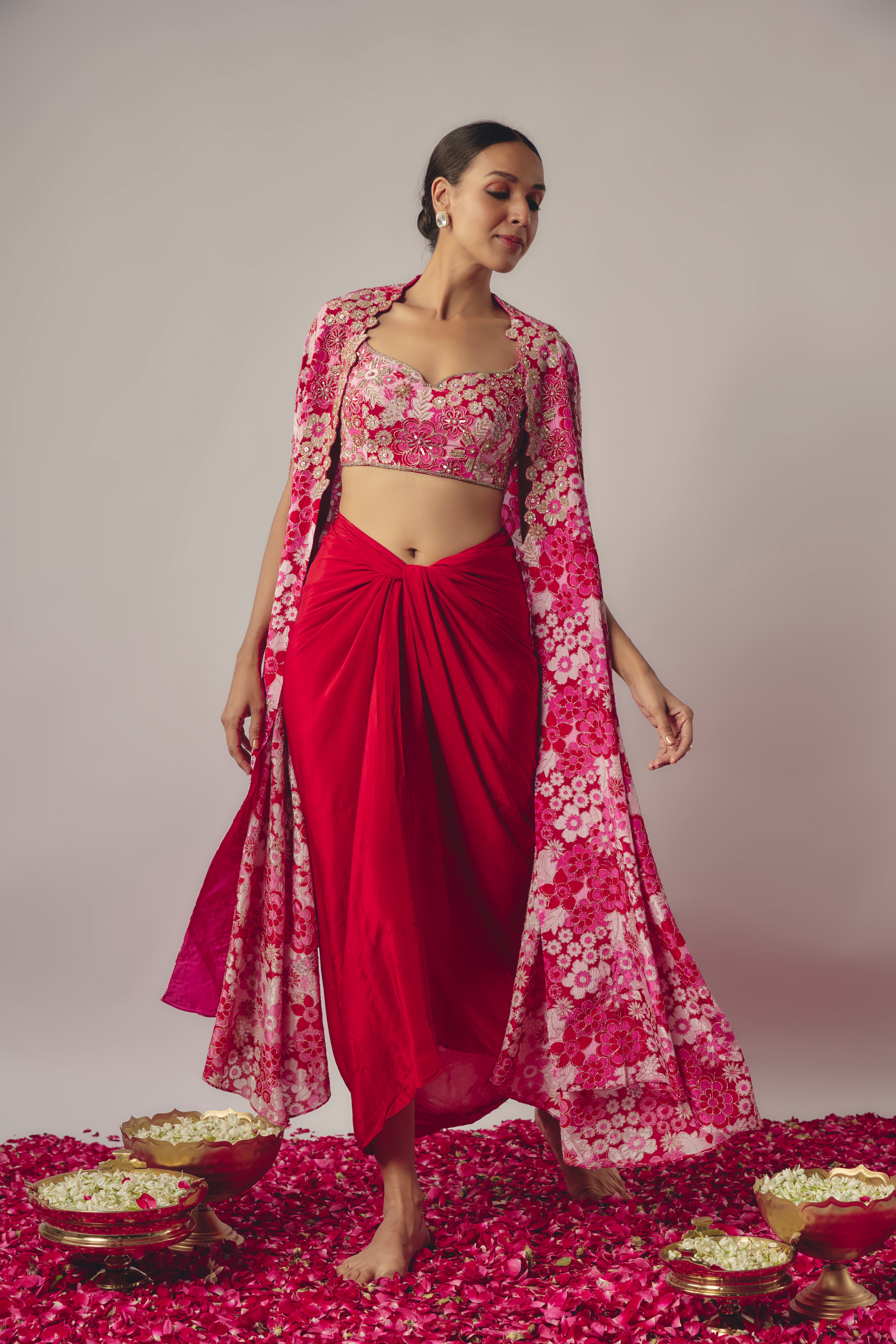 RED AND FLORAL PINK EMBROIDERED CAPE SET