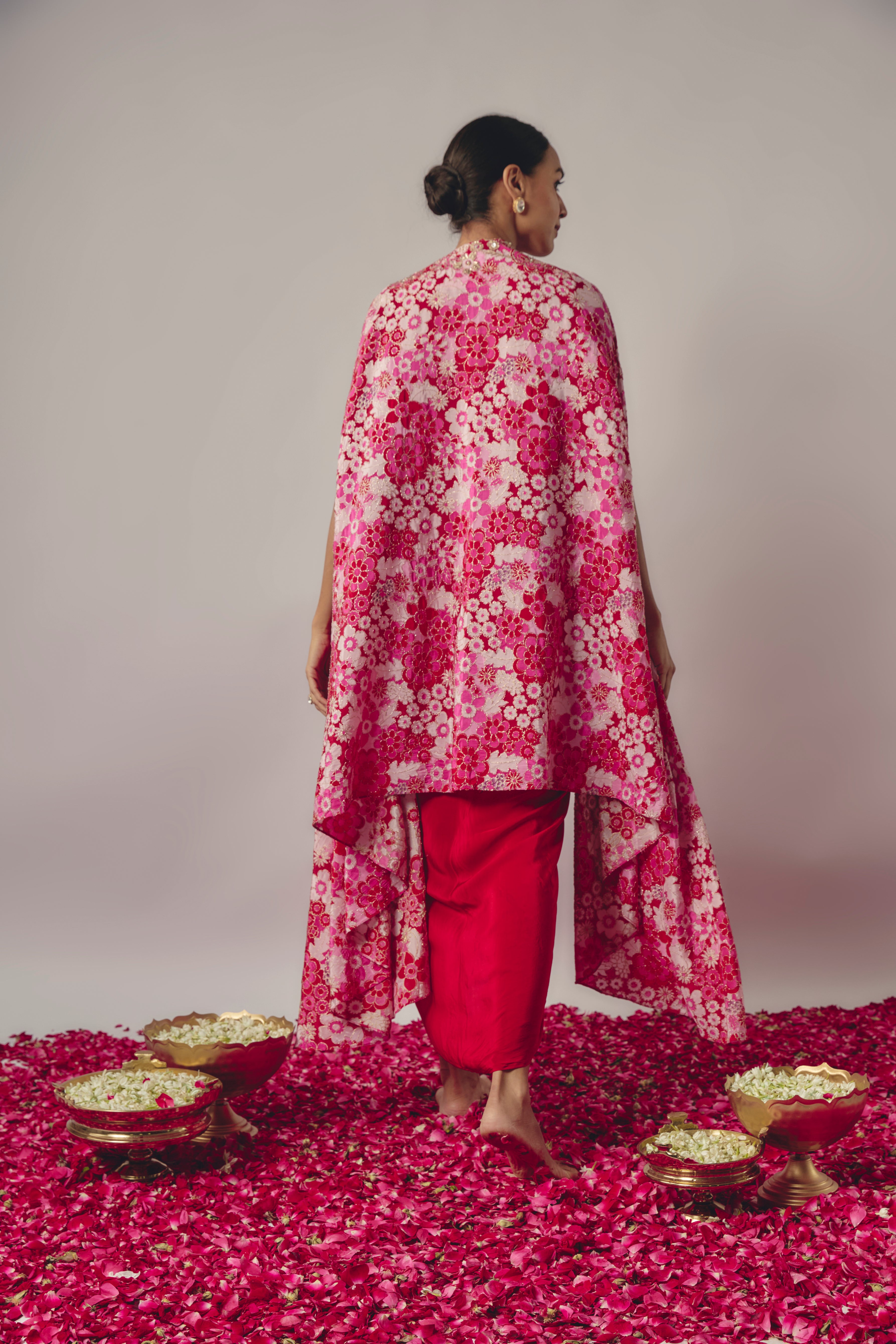 RED AND FLORAL PINK EMBROIDERED CAPE SET