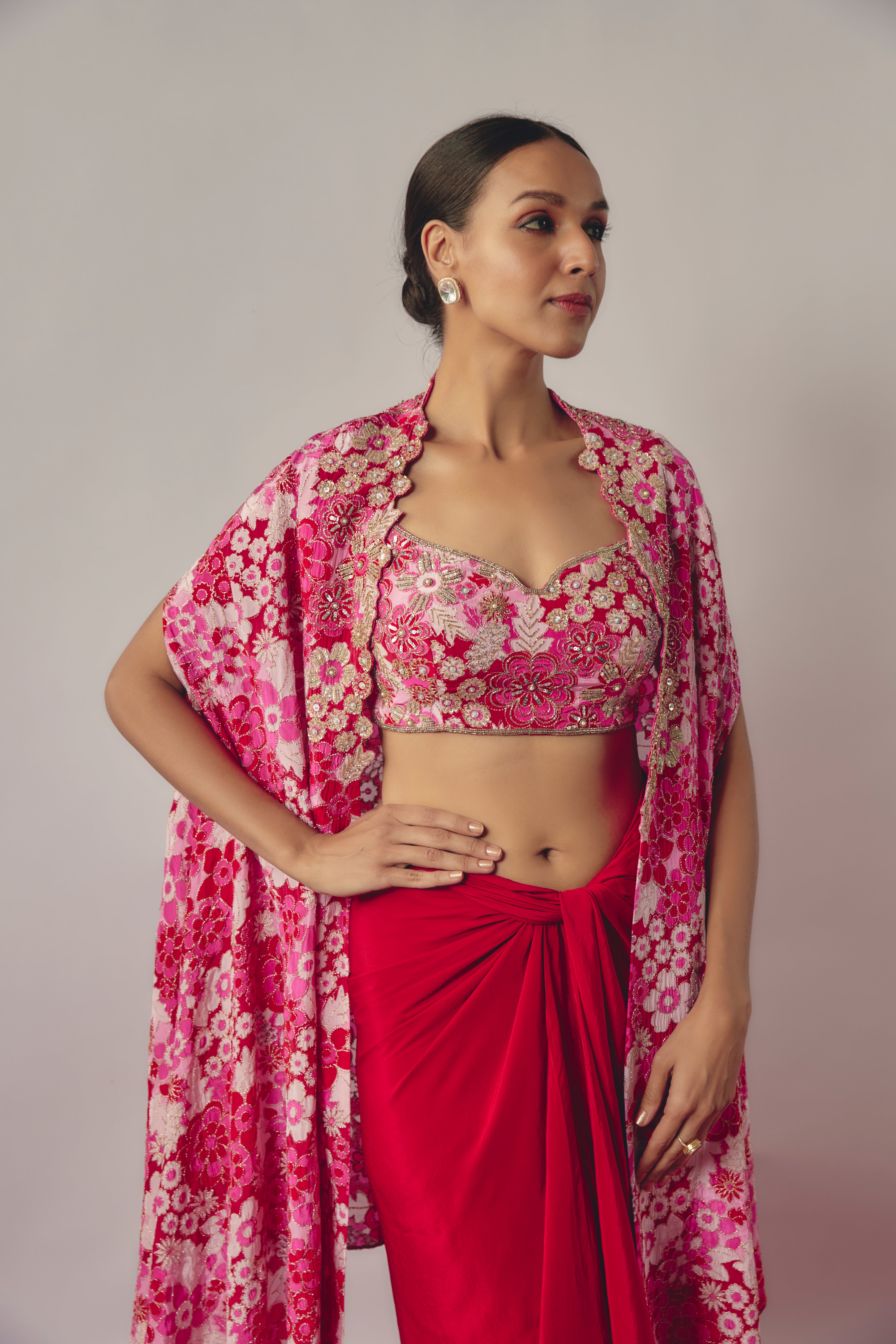 RED AND FLORAL PINK EMBROIDERED CAPE SET