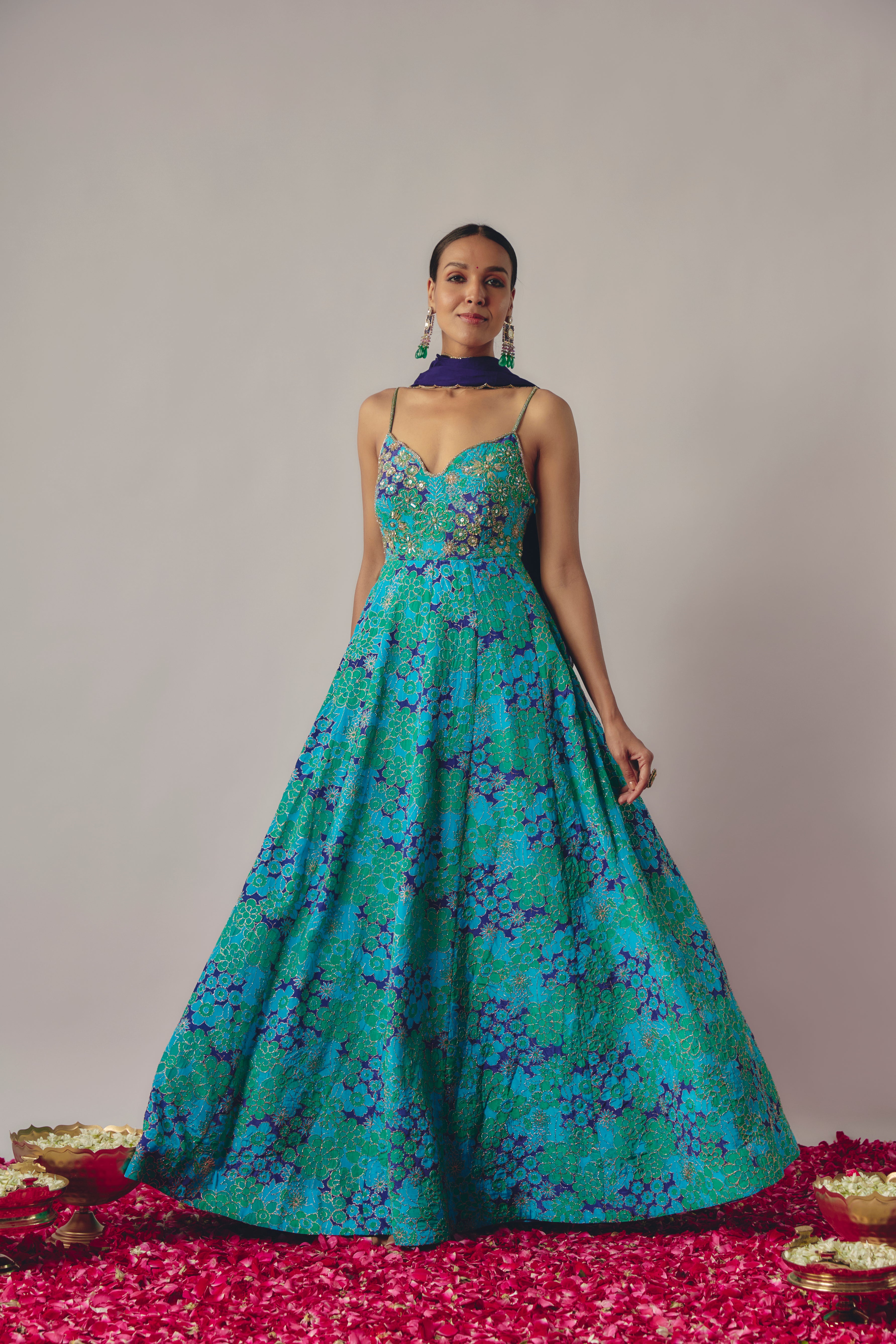 FLORAL BLUE EMBROIDERED ANARKALI SET