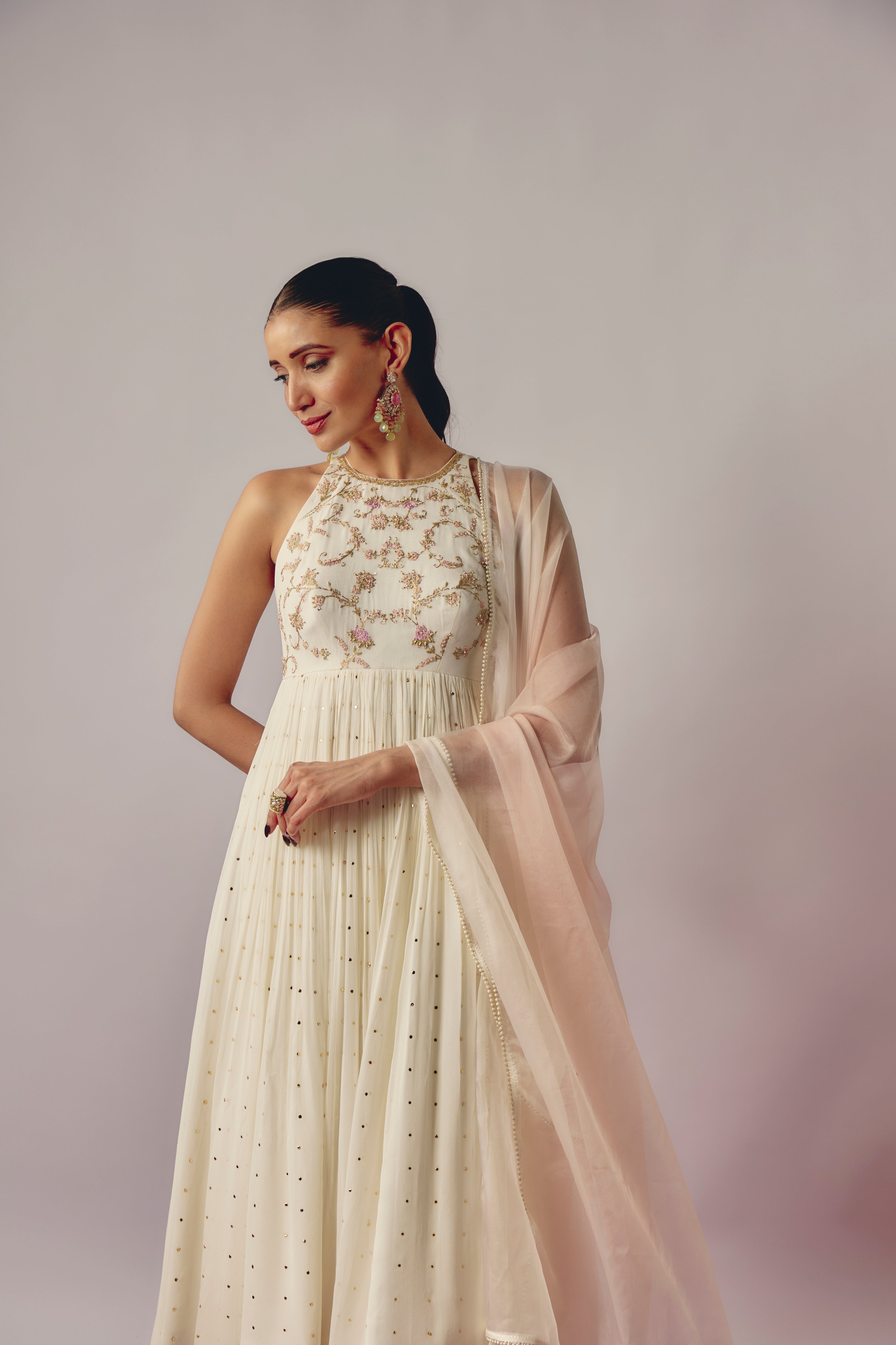 Ivory Georgette Hand Embroidered Anarkali Set