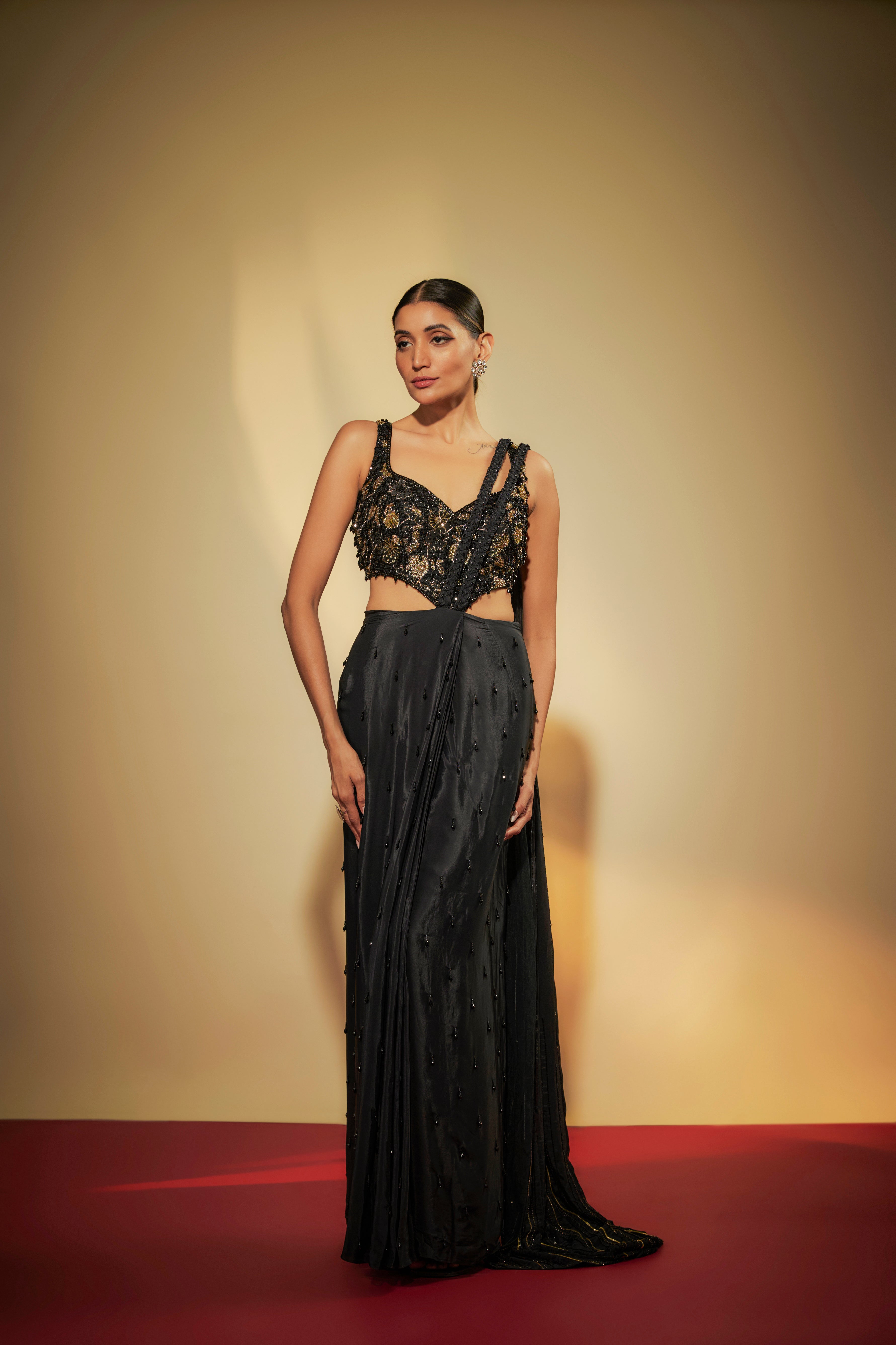Black Embroidered Pre-Stitched Saree Gown