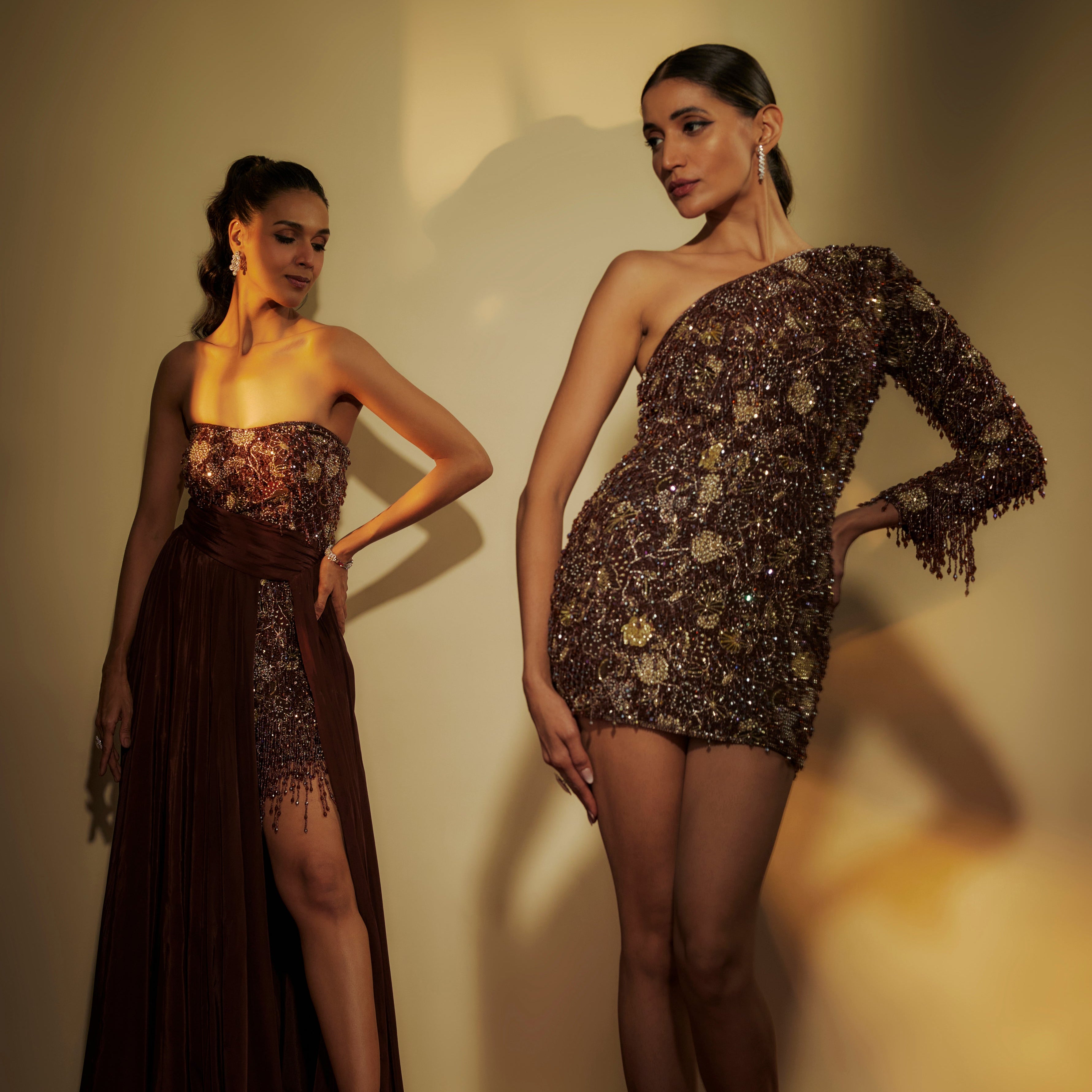 Brown Crepe Embroidered Gown