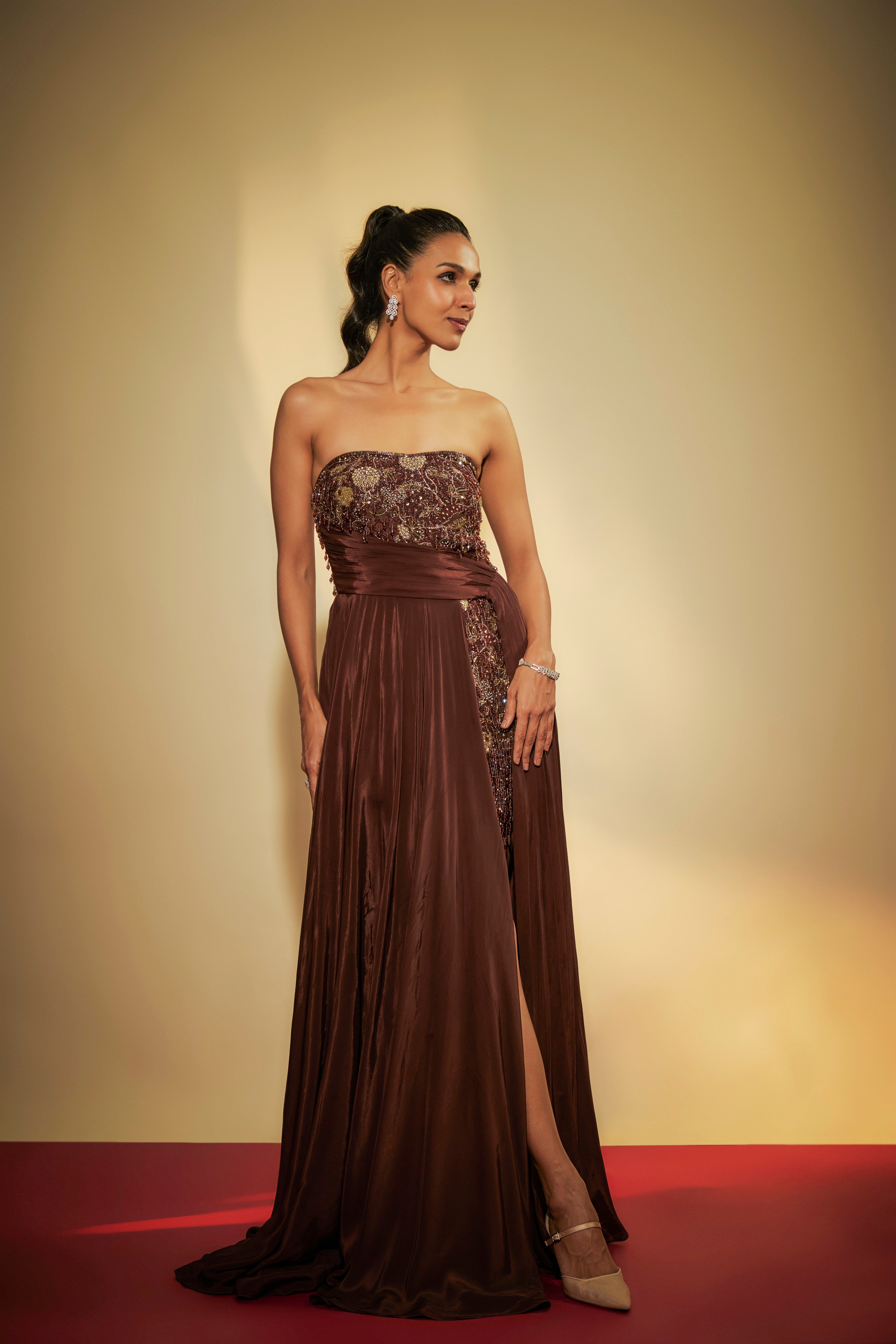 Brown Crepe Embroidered Gown