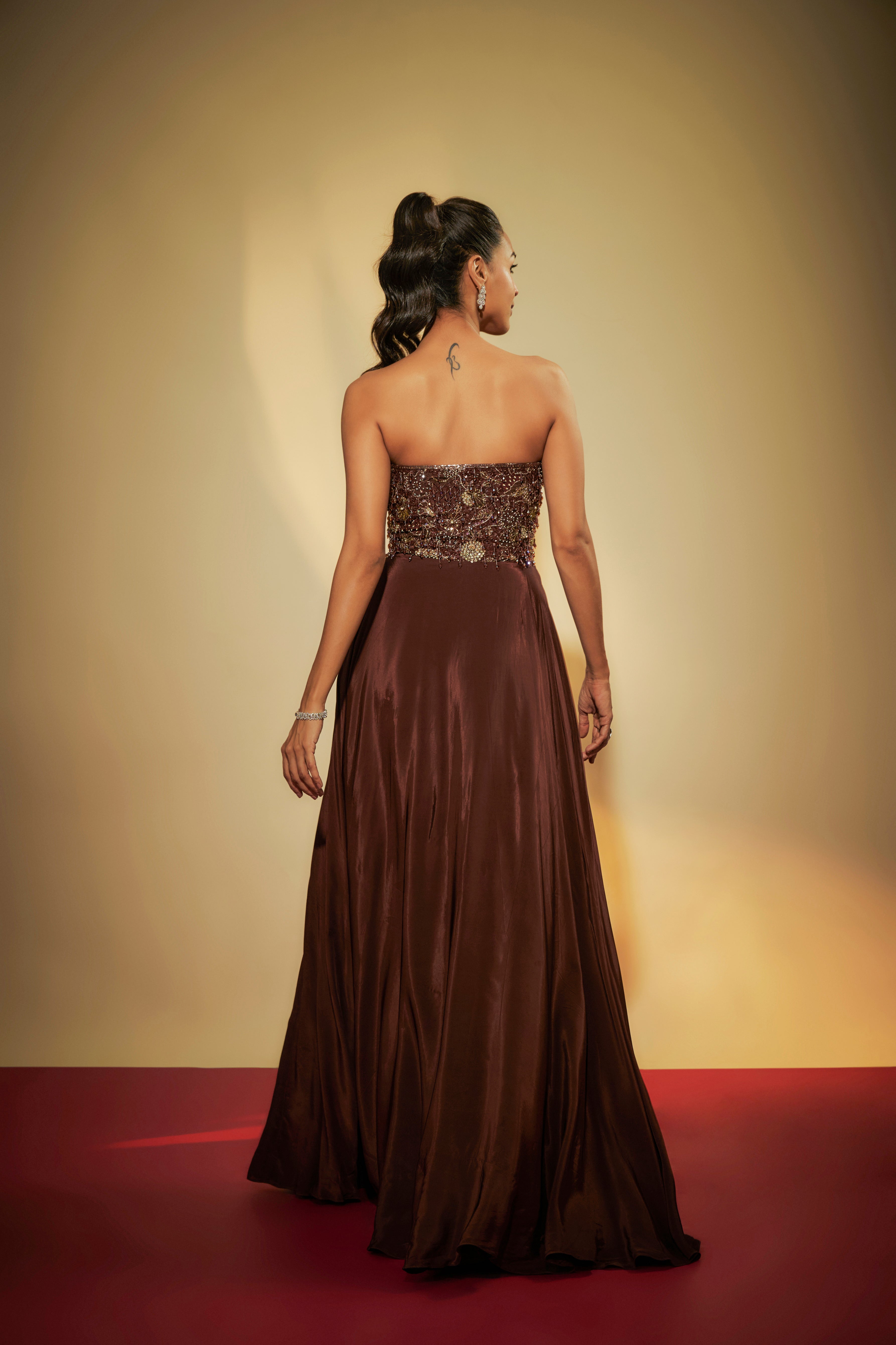 Brown Crepe Embroidered Gown
