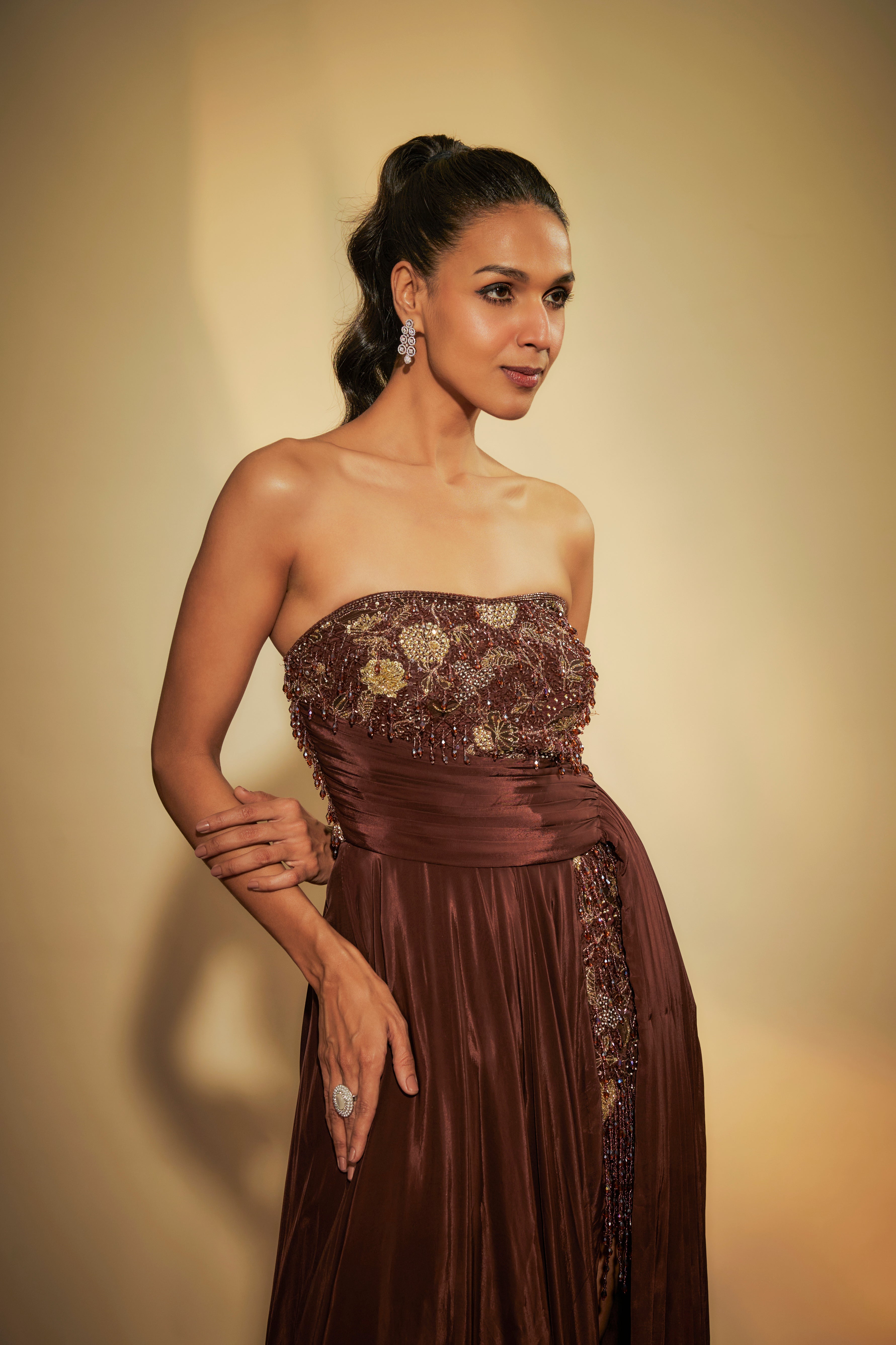 Brown Crepe Embroidered Gown