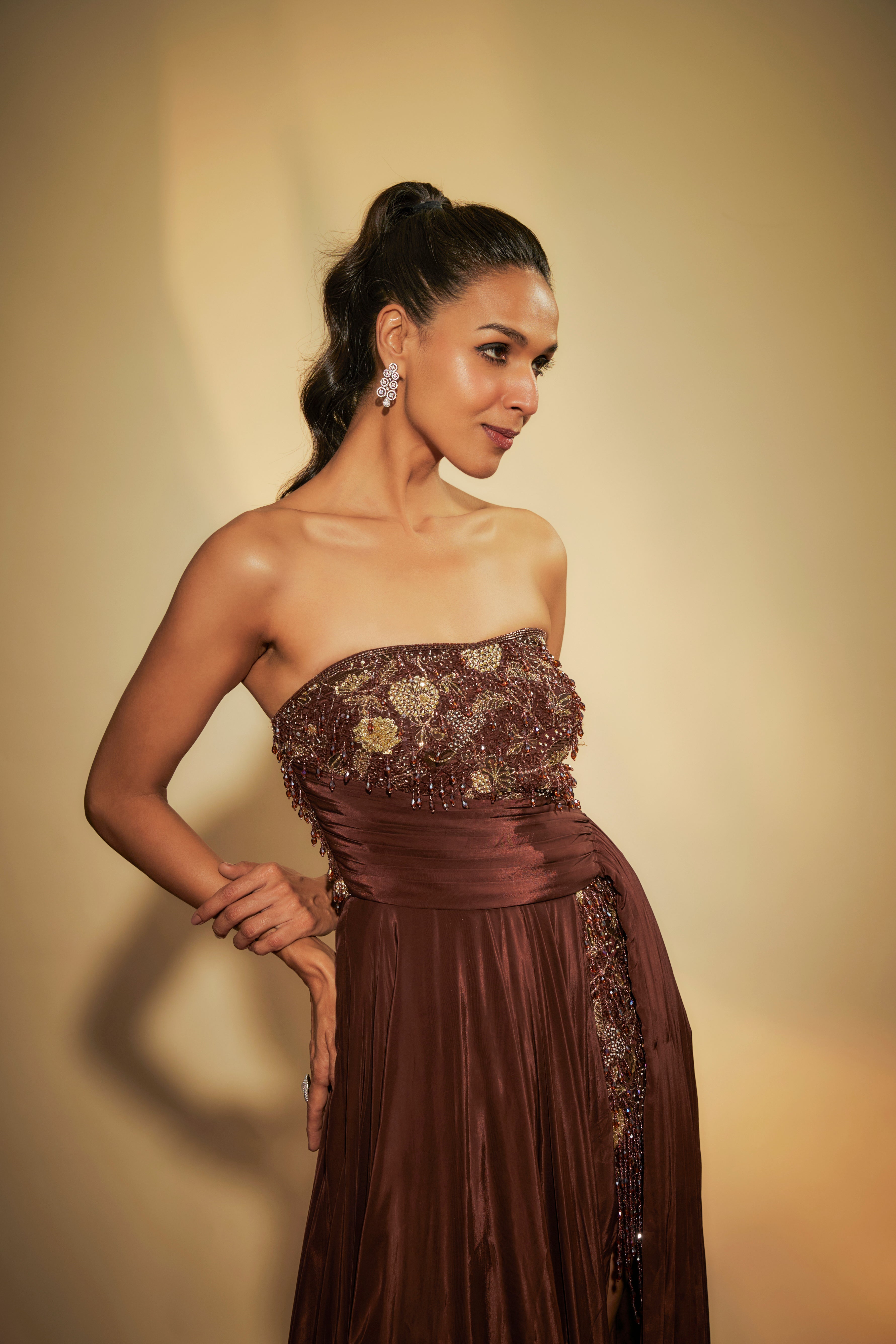 Brown Crepe Embroidered Gown