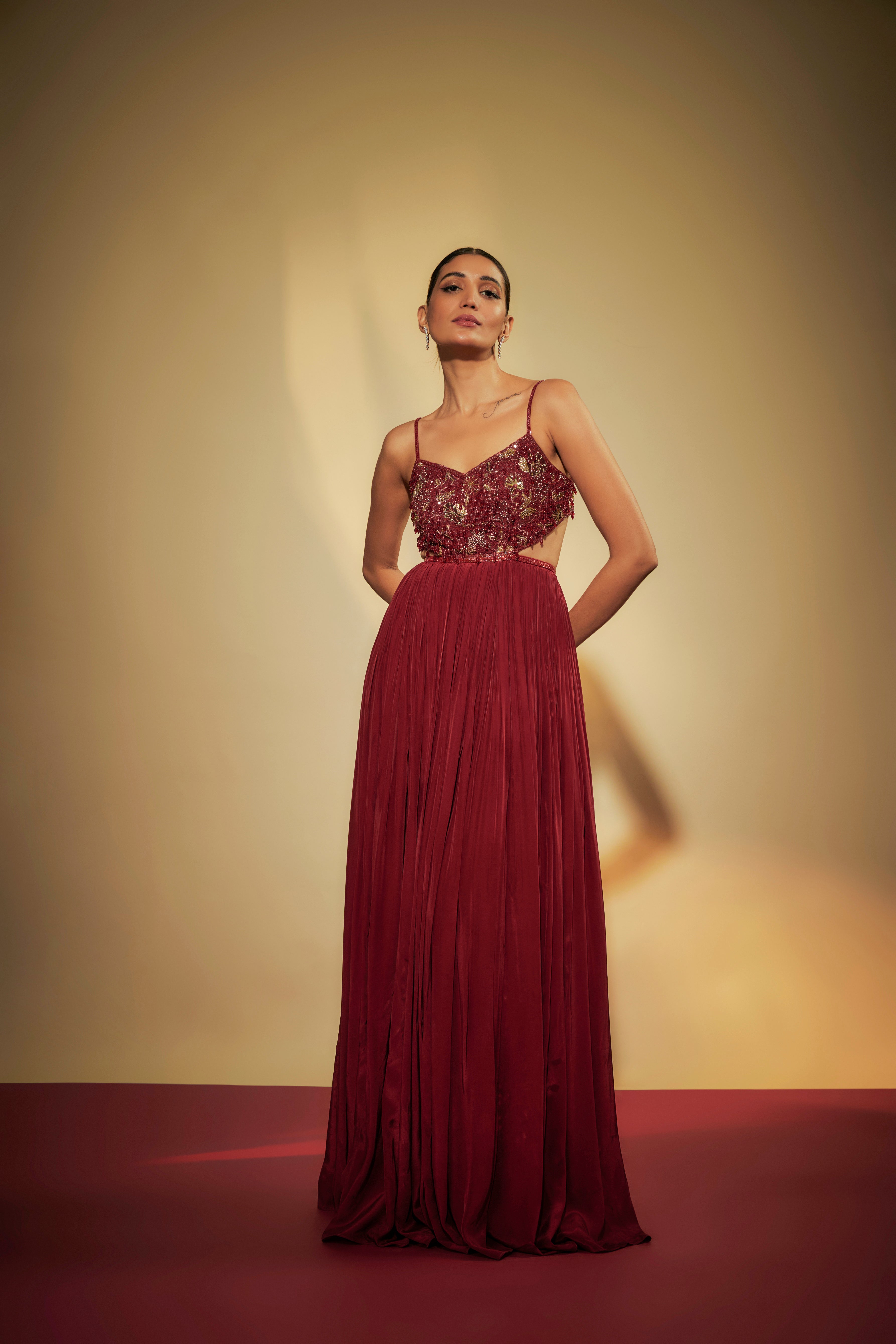 Maroon Crepe Embroidered Gown