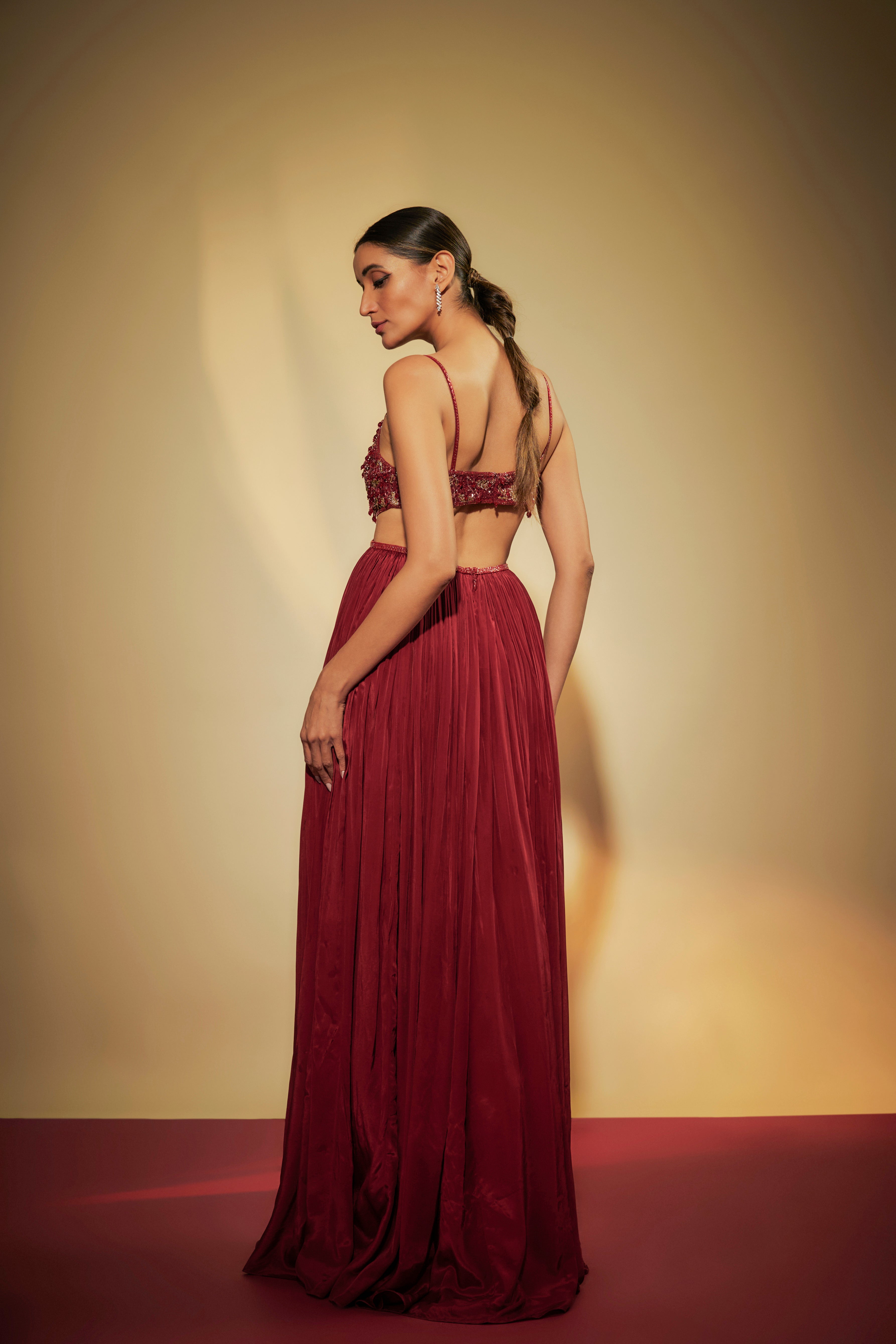Maroon Crepe Embroidered Gown