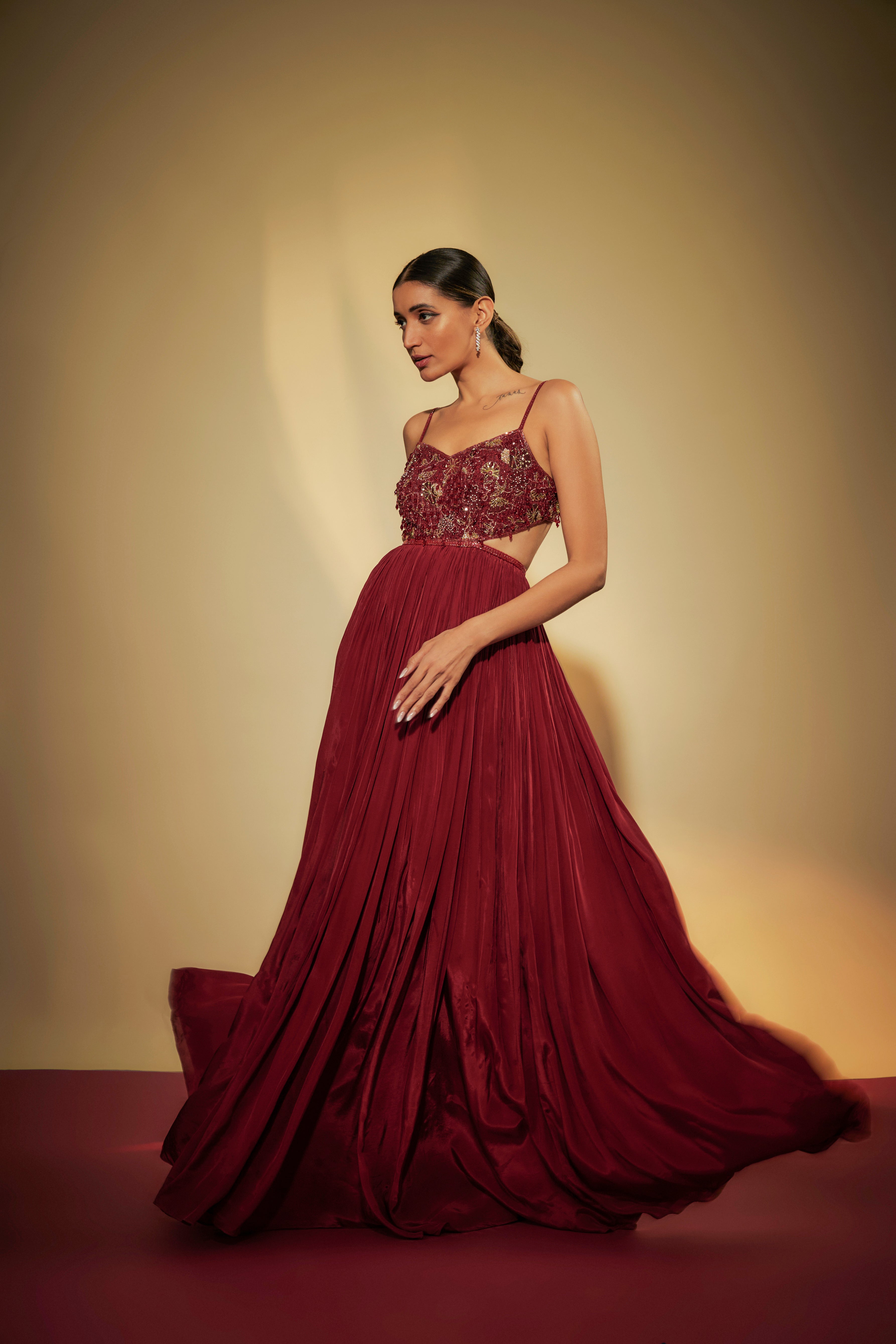Maroon crepe Embroidered Gown