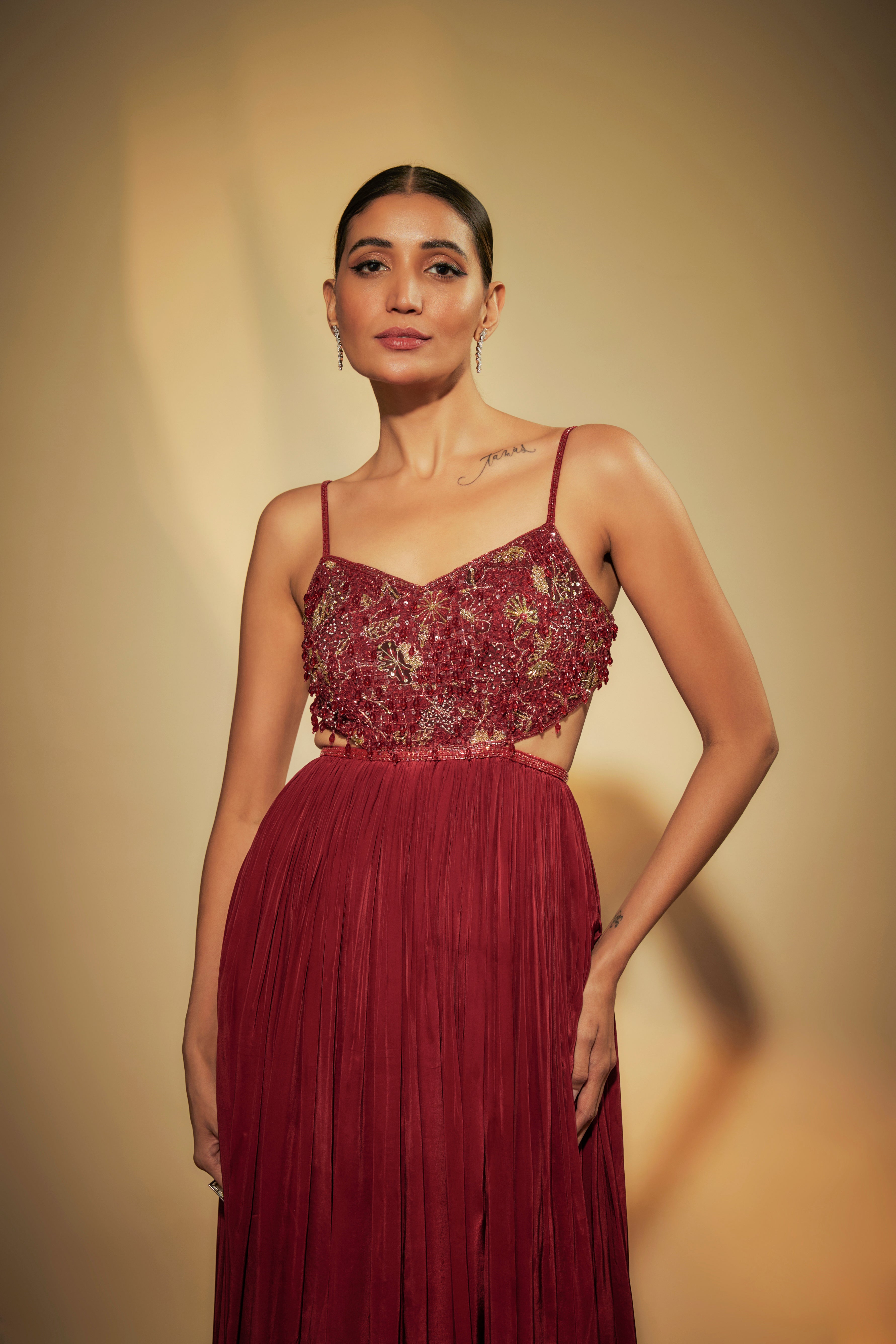 Maroon crepe Embroidered Gown