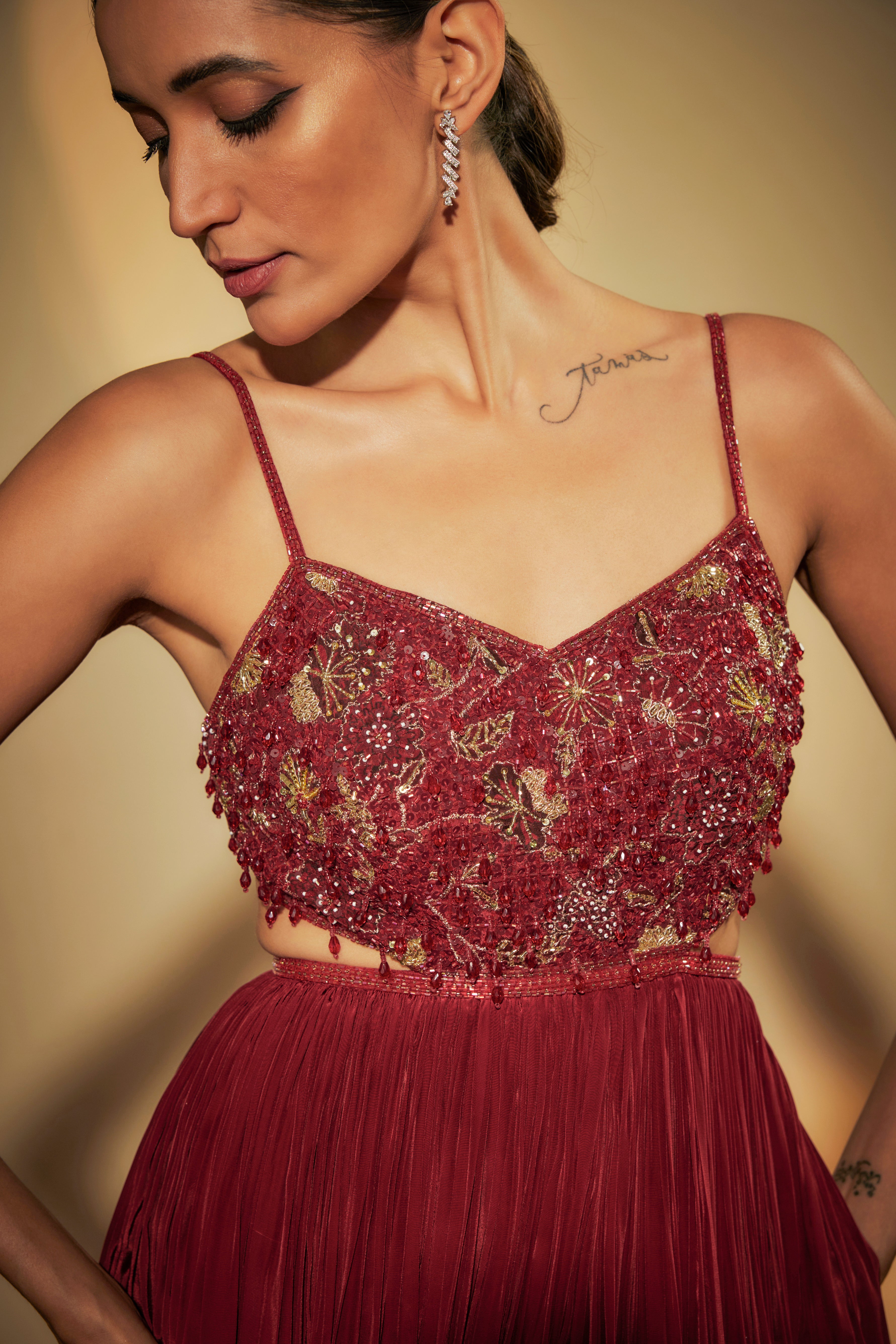 Maroon Crepe Embroidered Gown