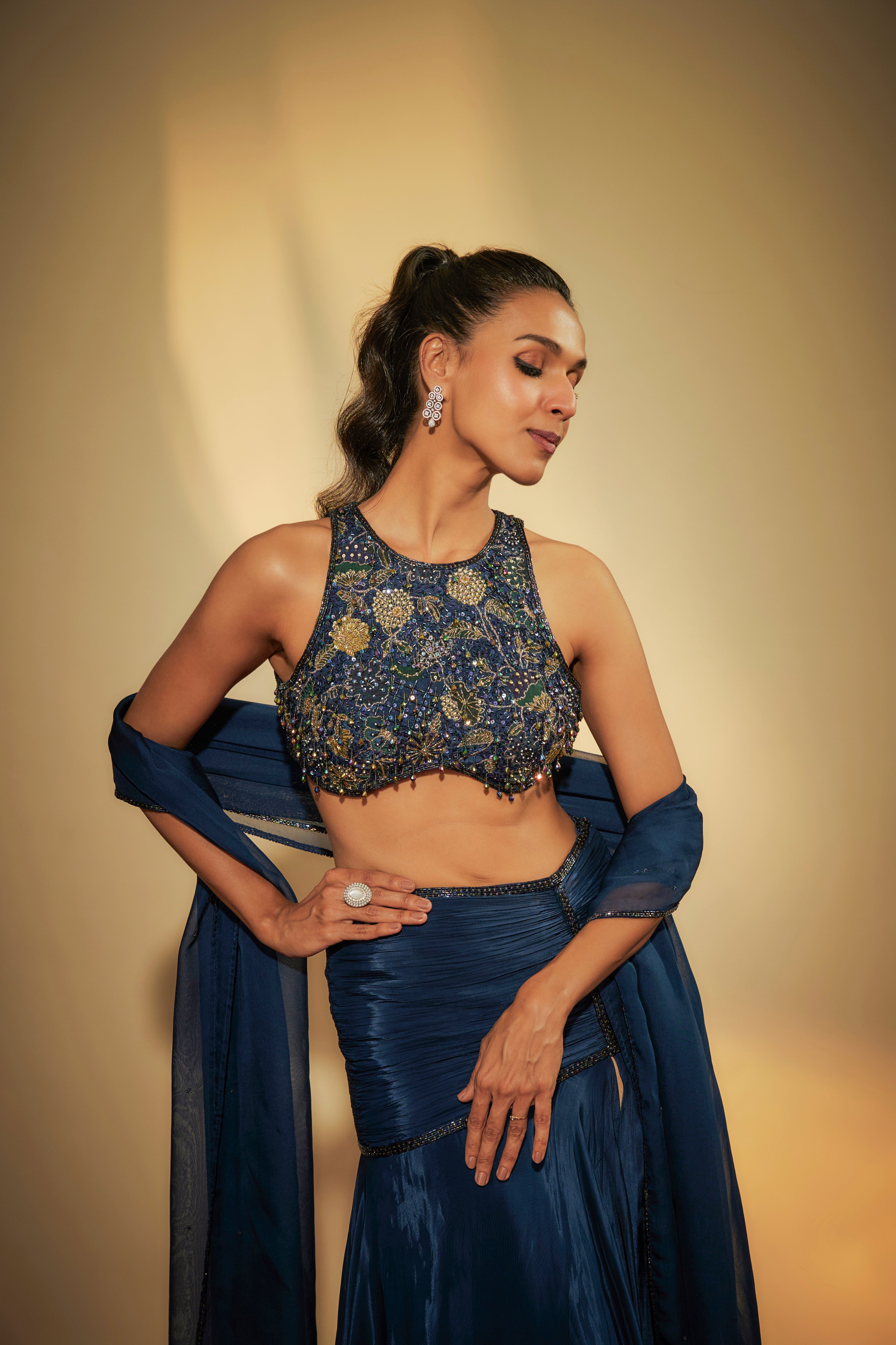 Deep Sapphire Blue crepe embroidered lehenga set