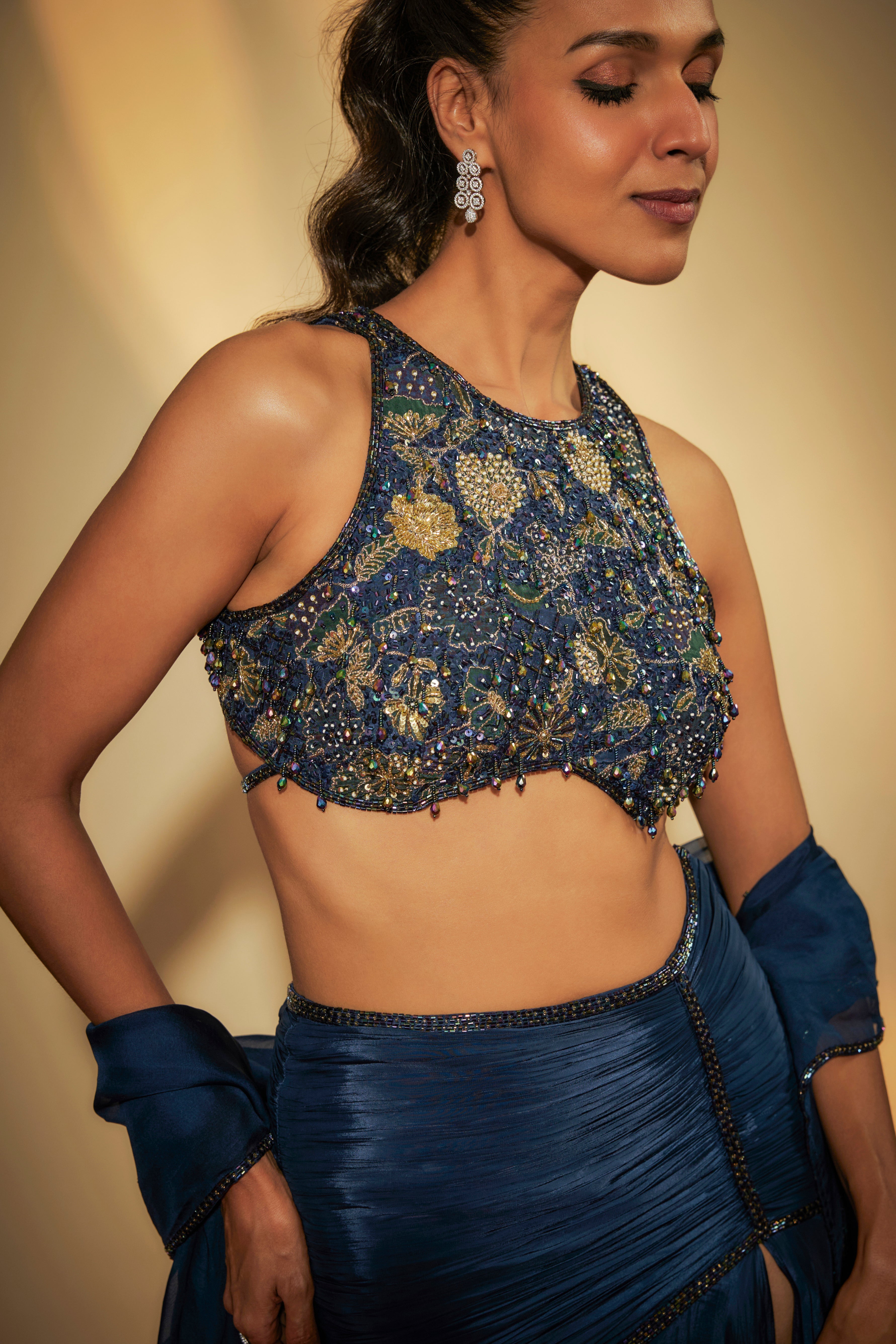 Deep Sapphire Blue Crepe Embroidered Lehenga Set