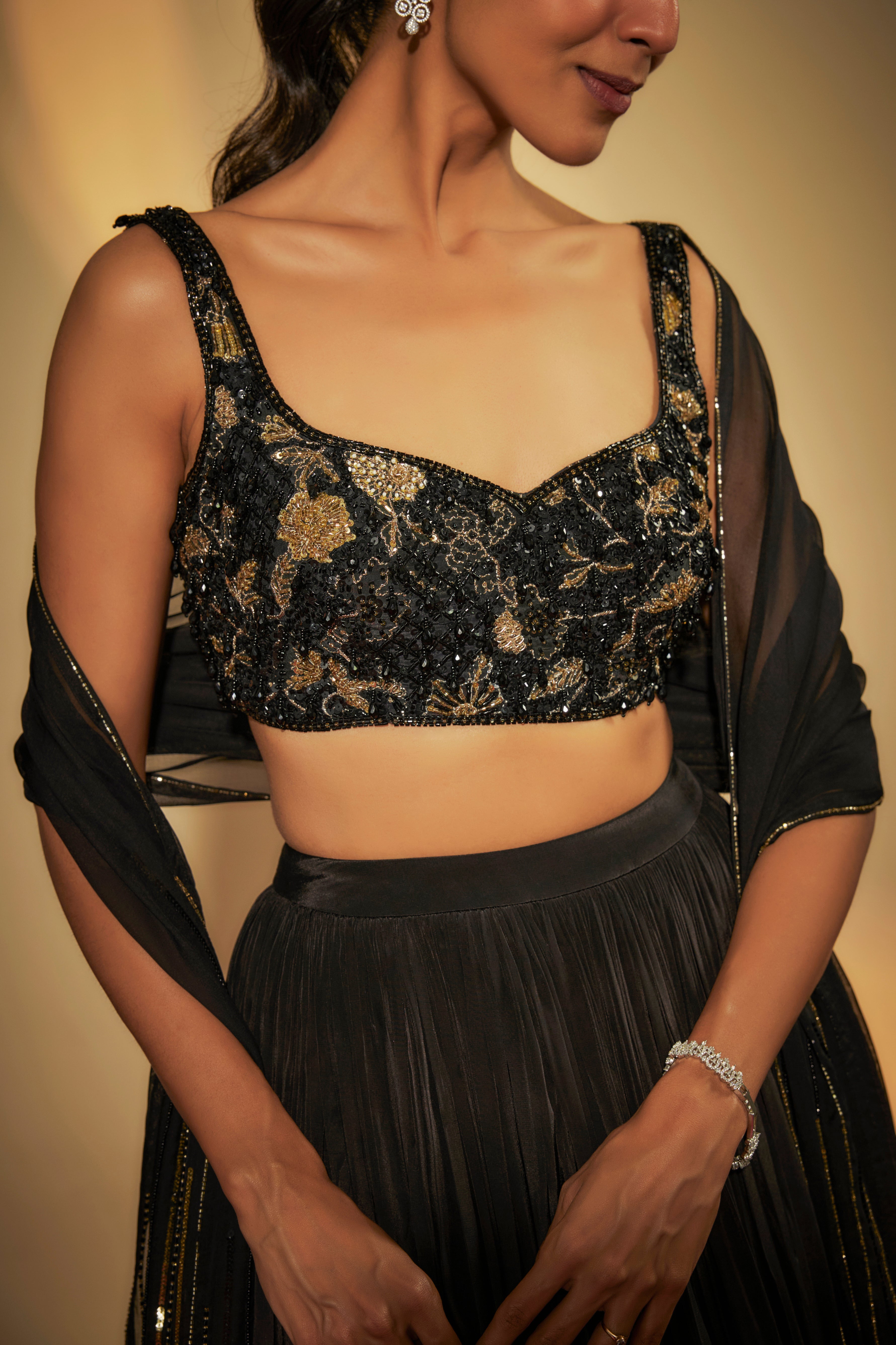 Black Crepe Embroidered Lehenga Set