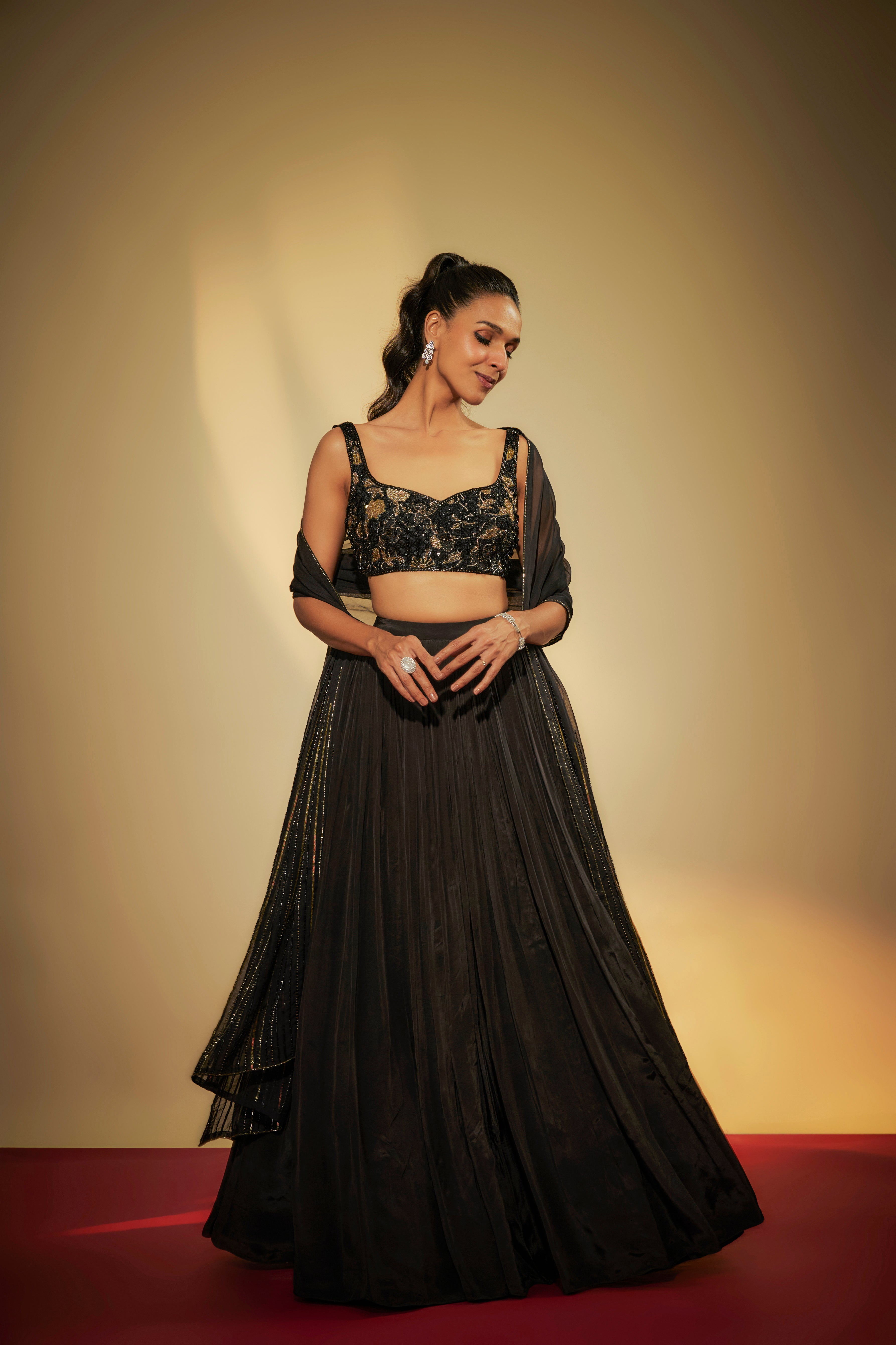 Black Crepe Embroidered Lehenga Set