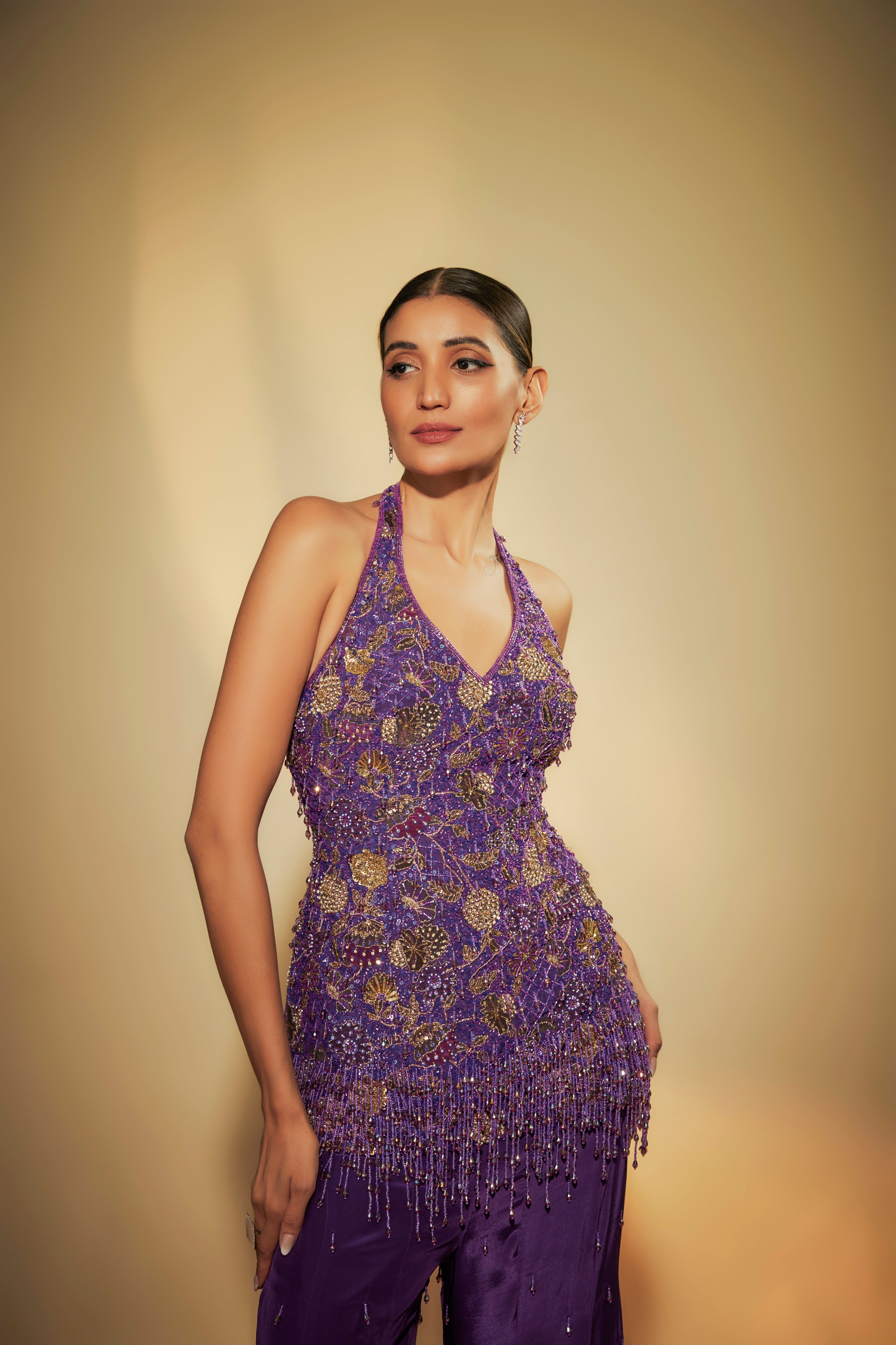Purple Crepe Embroidered Sharara Set