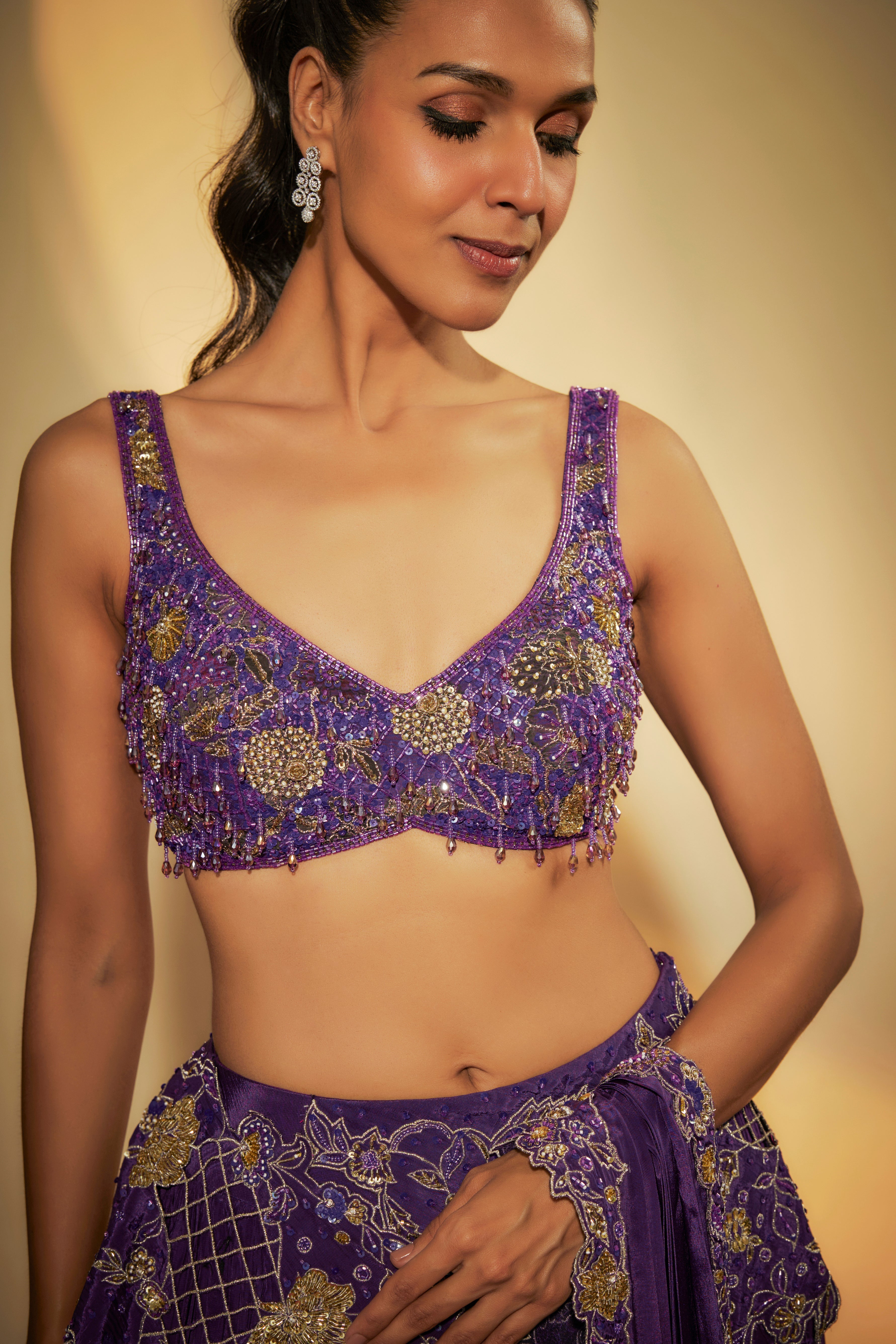 Purple Crepe Embroidered Lehenga Set